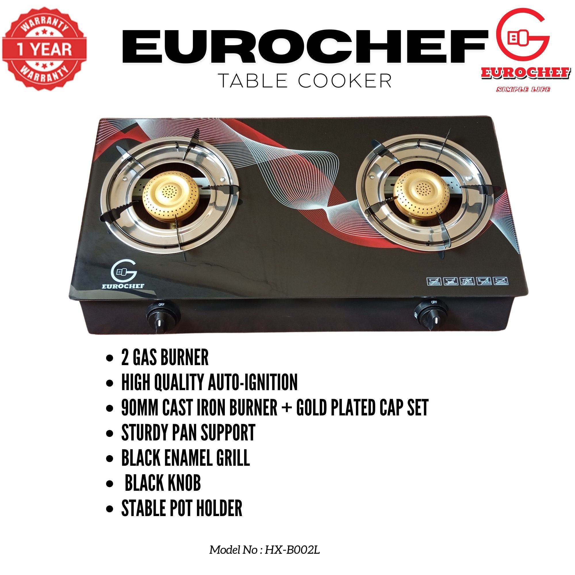 【Exclusive Offer】 Eurochef HX-B002L Two Burner Glass Top Table Cooker Black