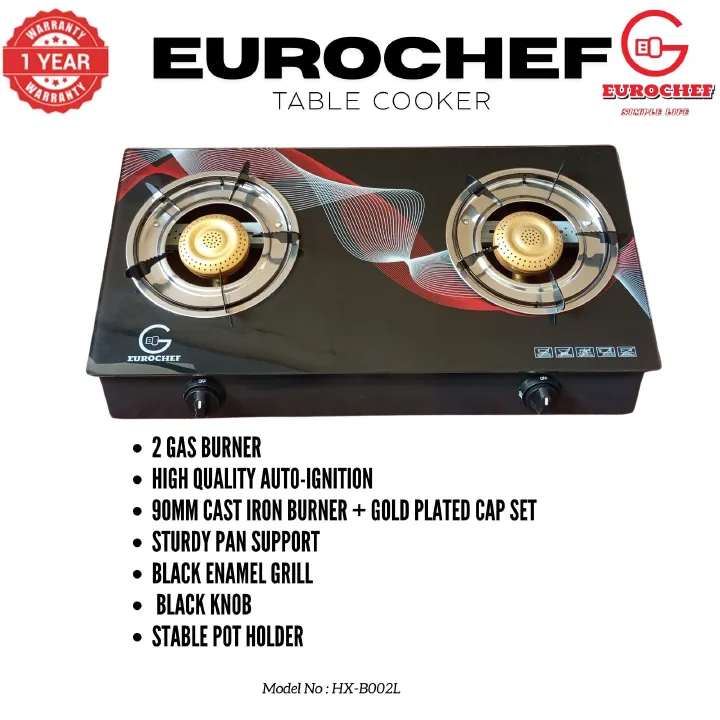 【Exclusive Offer】 Eurochef HX-B002L Two Burner Glass Top Table Cooker Black