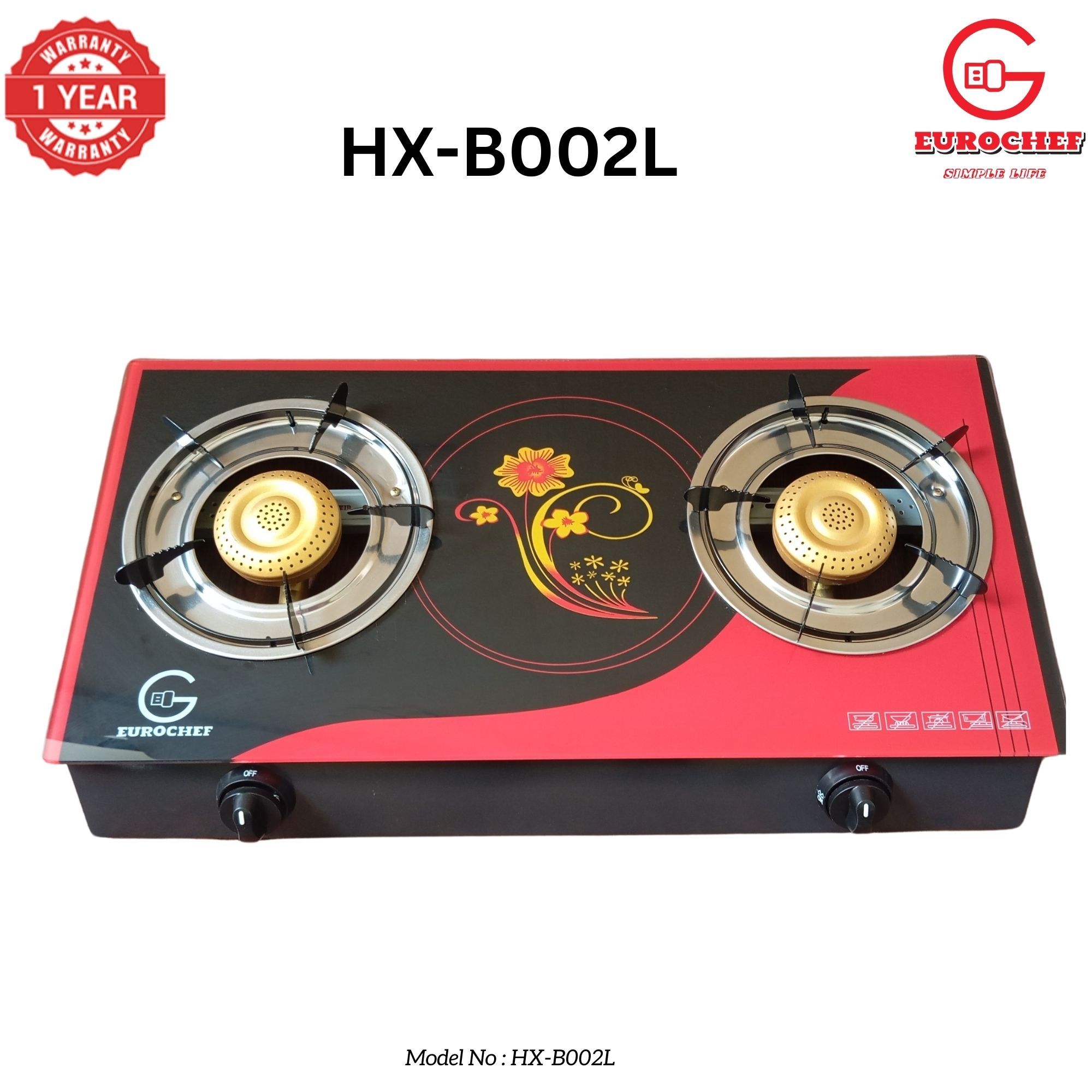 【Exclusive Offer】Eurochef HX-B002L Two Burner Glass Top Table Cooker Red