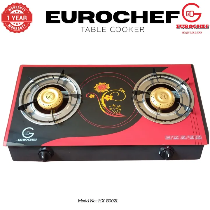 【Limited Offer】 EUROCHEF HX-B002L Two Burner Glass Top Table Gas Cooker Red