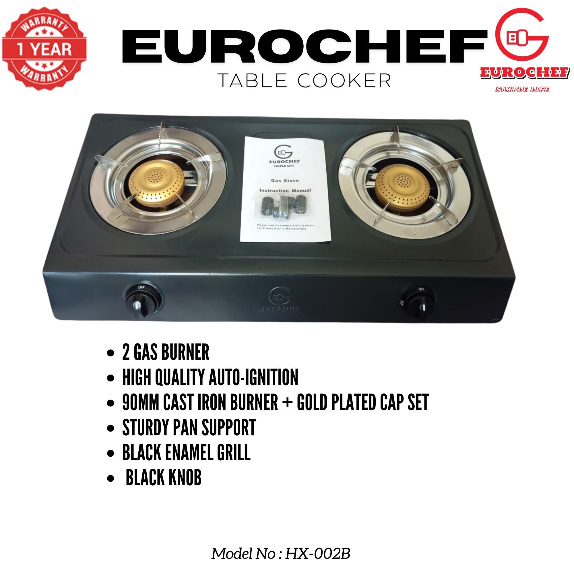 【Exclusive Offer】 EUROCHEF HX-002B  Table Top Stainless Steel 2 Burner Kitchen Appliance Cooktop Gas Cooker
