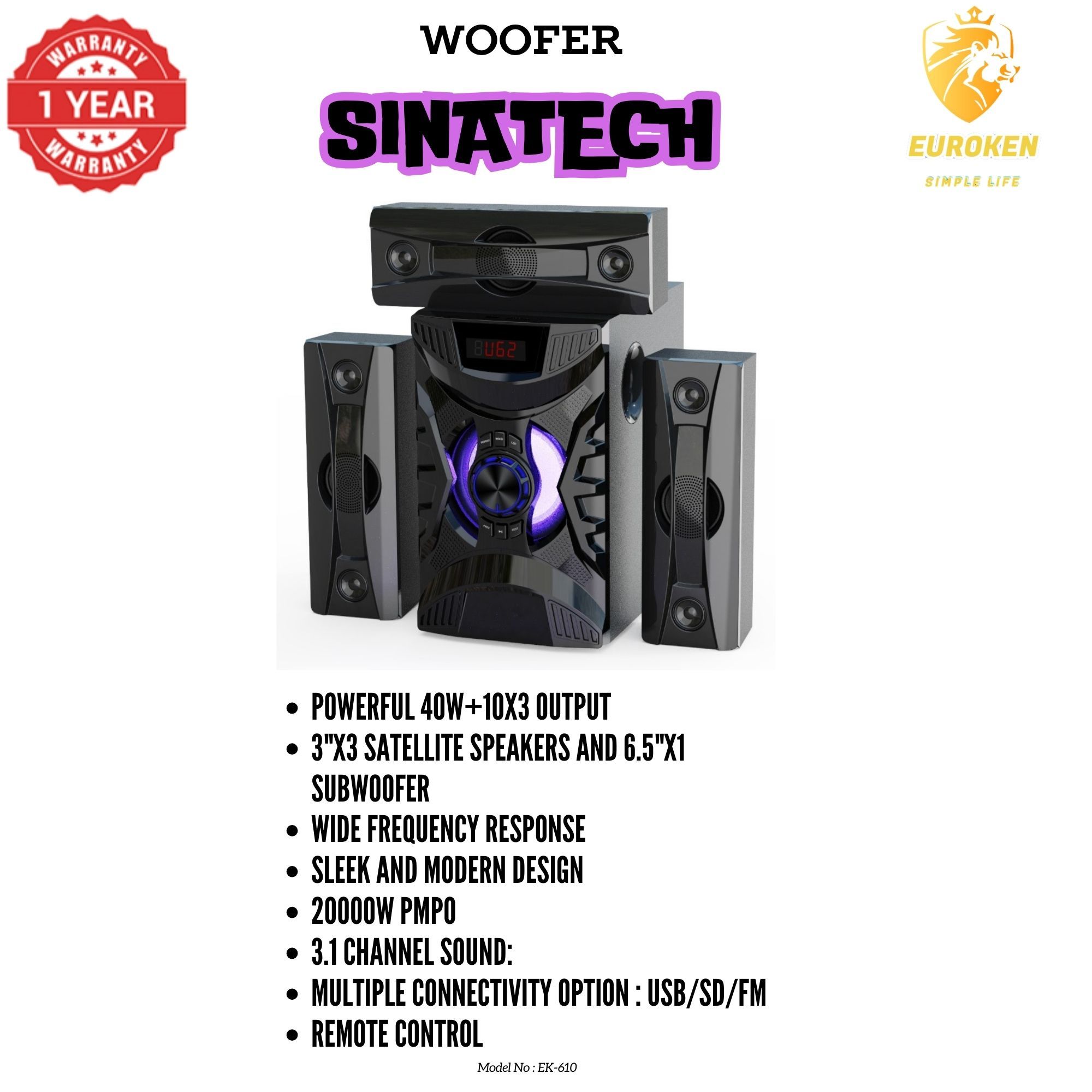 【Exclusive Offer】 NEW SINATECH ST-6310 3.1CH Subwoofer Speaker 20,000W PMPO Woofer Home Theatre Audio Speaker System BLUETOOTH/FM/SD/USB With Remote Control