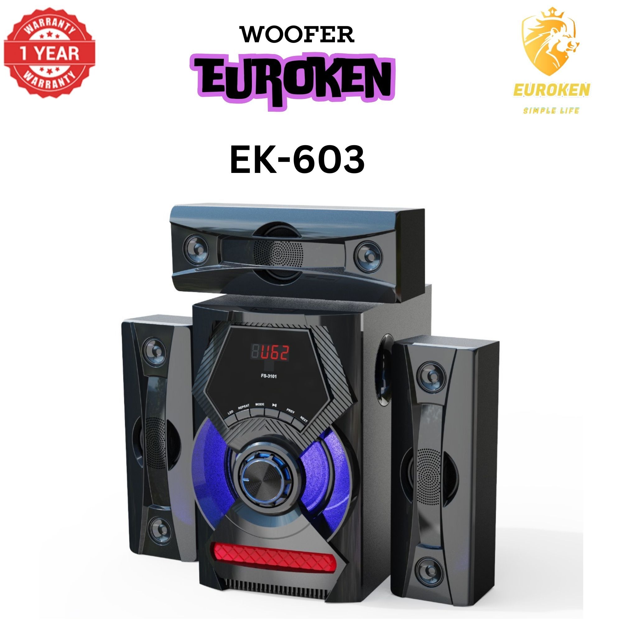 【Exclusive Offer】 NEW EUROKEN EK-603 3.1CH Subwoofer Speaker 20000W PMPO Woofer Home Theatre Audio Speaker System BLUETOOTH/FM/SD/USB With Remote Control