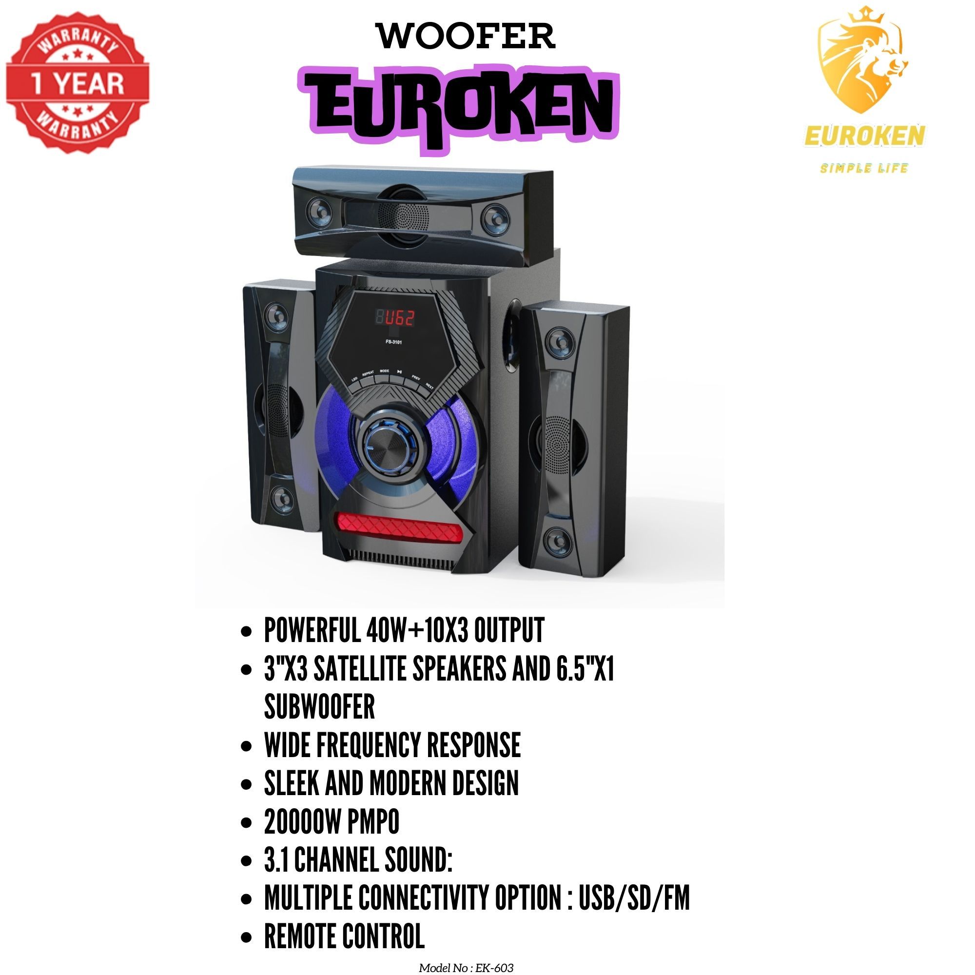 【Exclusive Offer】 NEW EUROKEN EK-603 3.1CH Subwoofer Speaker 20000W PMPO Woofer Home Theatre Audio Speaker System BLUETOOTH/FM/SD/USB With Remote Control