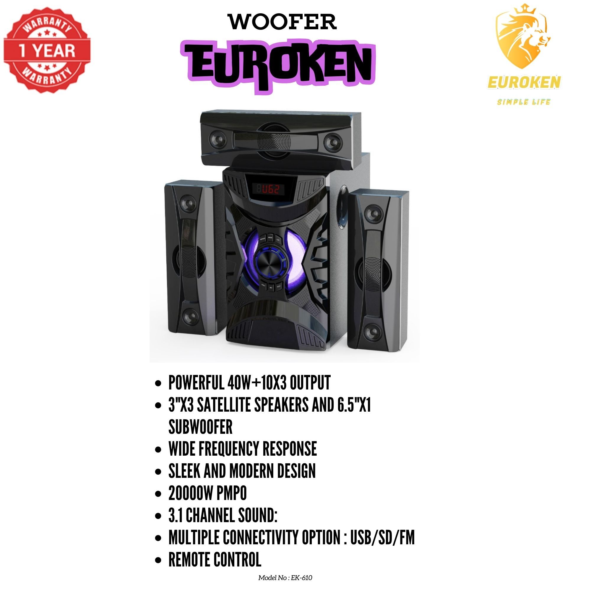 【Exclusive Offer】 NEW EUROKEN EK-610 3.1CH  20,000W Multimedia Bluetooth Woofer Home Theatre Speaker System  Subwoofer BLUETOOTH/USB/SD/FM Home Audio System  with Remote Control