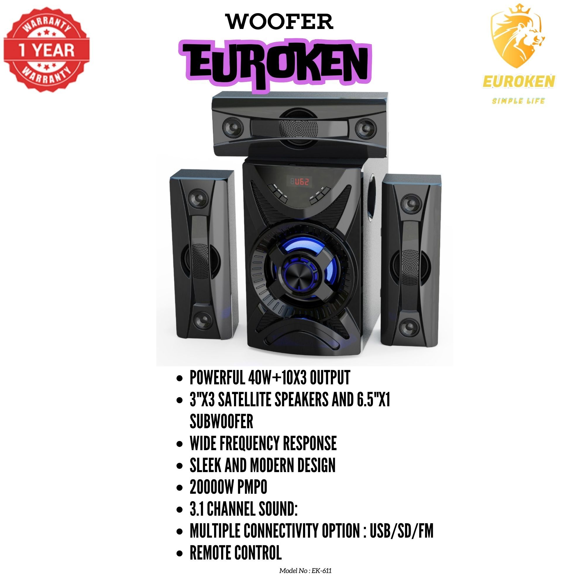 【Exclusive Offer】NEW EUROKEN EK-611 3.1CH With 20,000 PMPO Subwoofer Speaker  Home Theatre Audio System  With Remote Control BLUETOOTH/USB/SD/FM