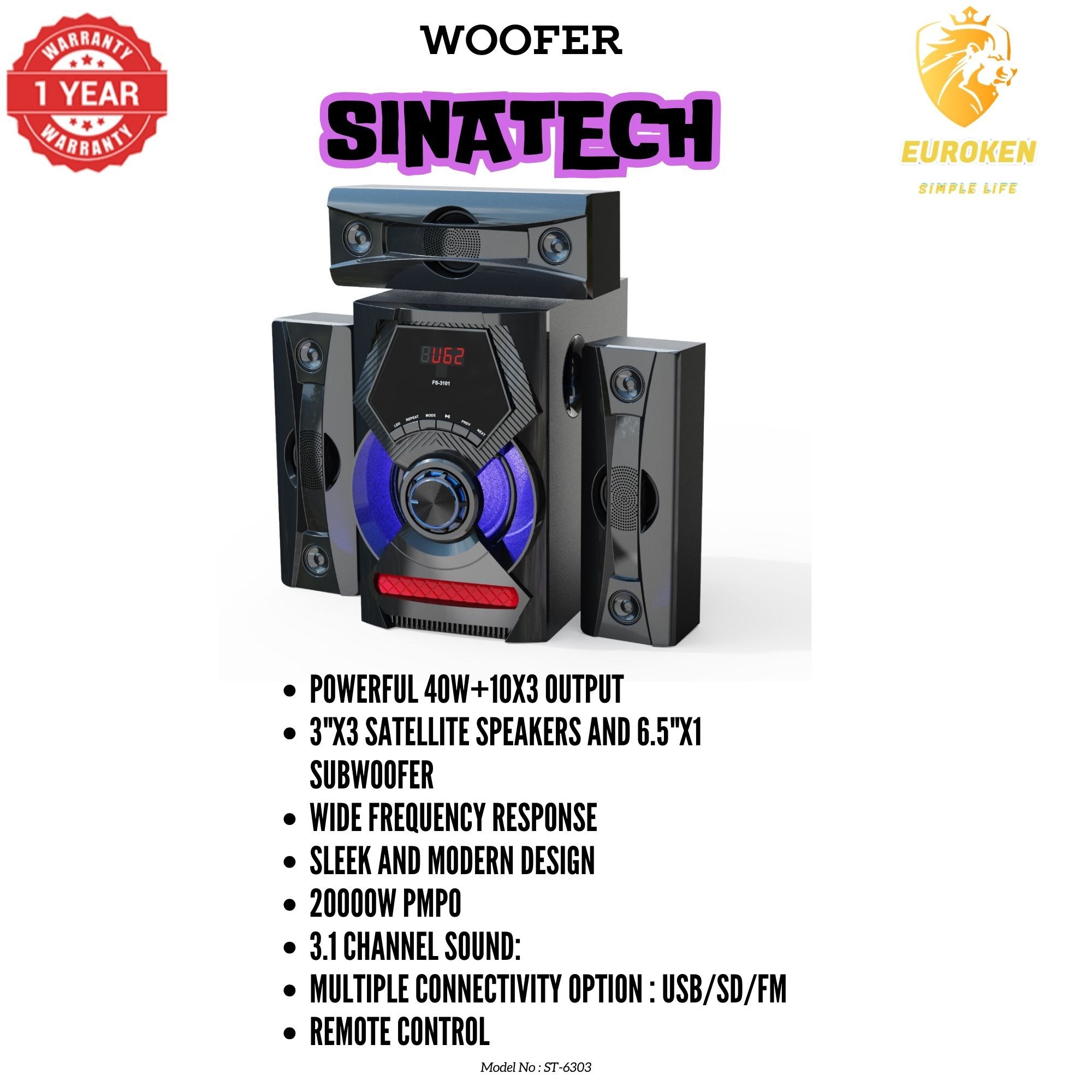 【Exclusive Offer】NEW SINATECH ST-6303 3.1CH With 20,000 PMPO Subwoofer Speaker  Home Theatre Audio System  With Remote Control BLUETOOTH/USB/SD/FM