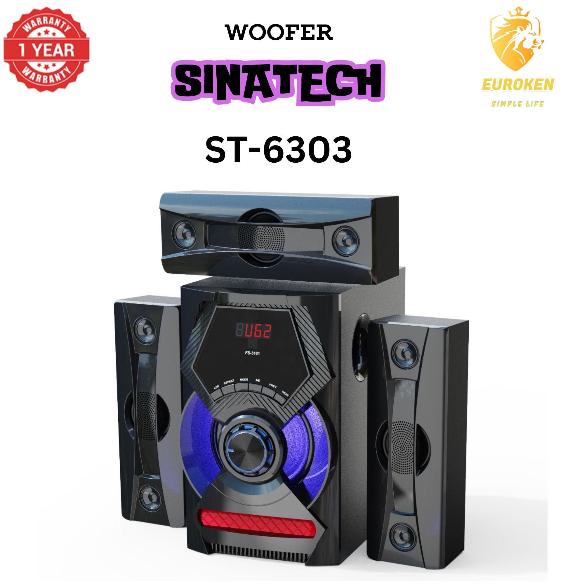 【Exclusive Offer】NEW SINATECH ST-6303 3.1CH With 20,000 PMPO Subwoofer Speaker  Home Theatre Audio System  With Remote Control BLUETOOTH/USB/SD/FM