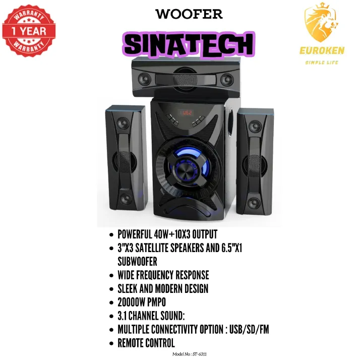 【Exclusive Offer】NEW SINATECH ST-6311 3.1CH With 20,000 PMPO Subwoofer Speaker  Home Theatre Audio System  With Remote Control BLUETOOTH/USB/SD/FM
