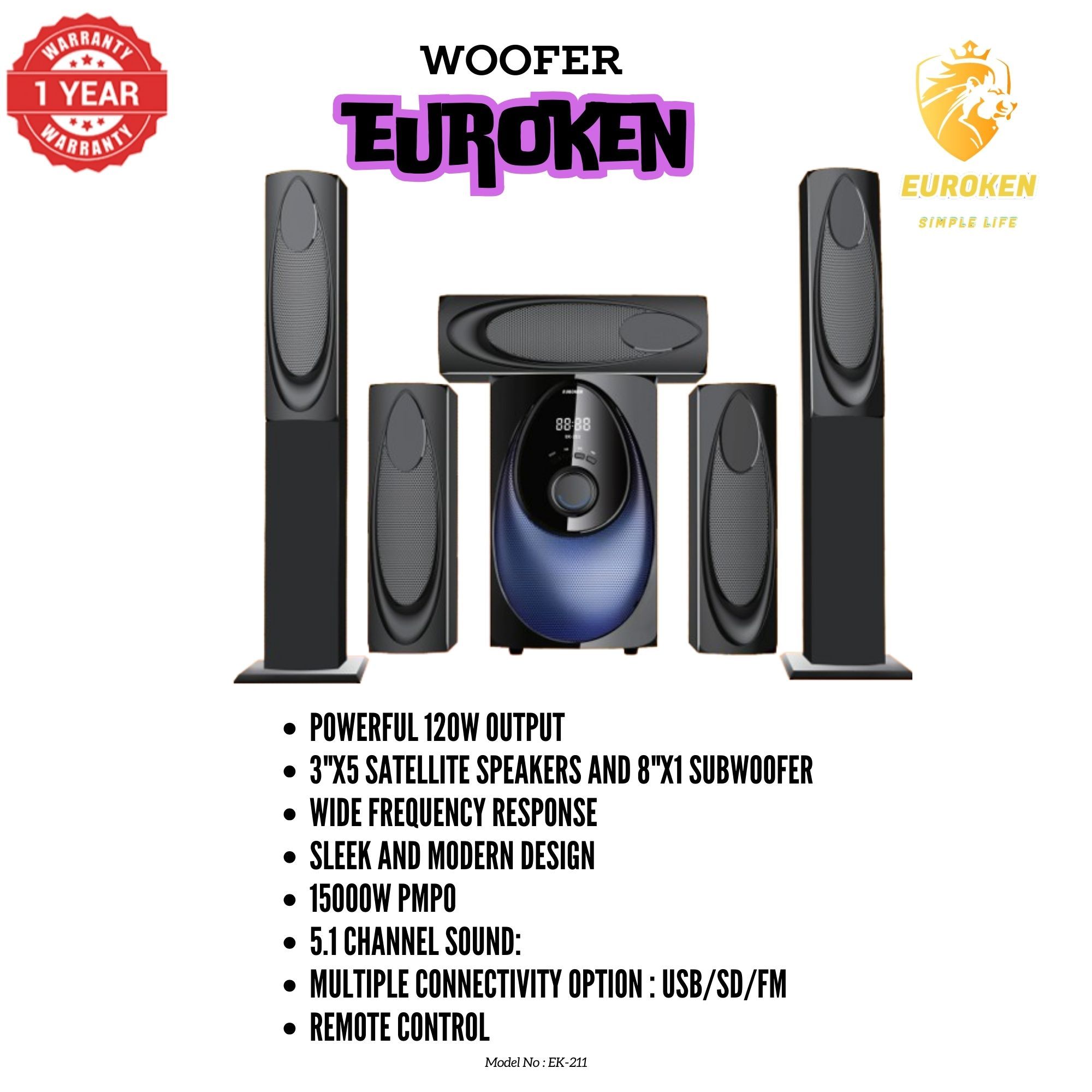 New Euroken Home Theatre System EK-211 5 In 1 Tall Boy Ac  12,000W PMPO With Bluetooth FM USB SD Mem Card Support With Super Bass Boost