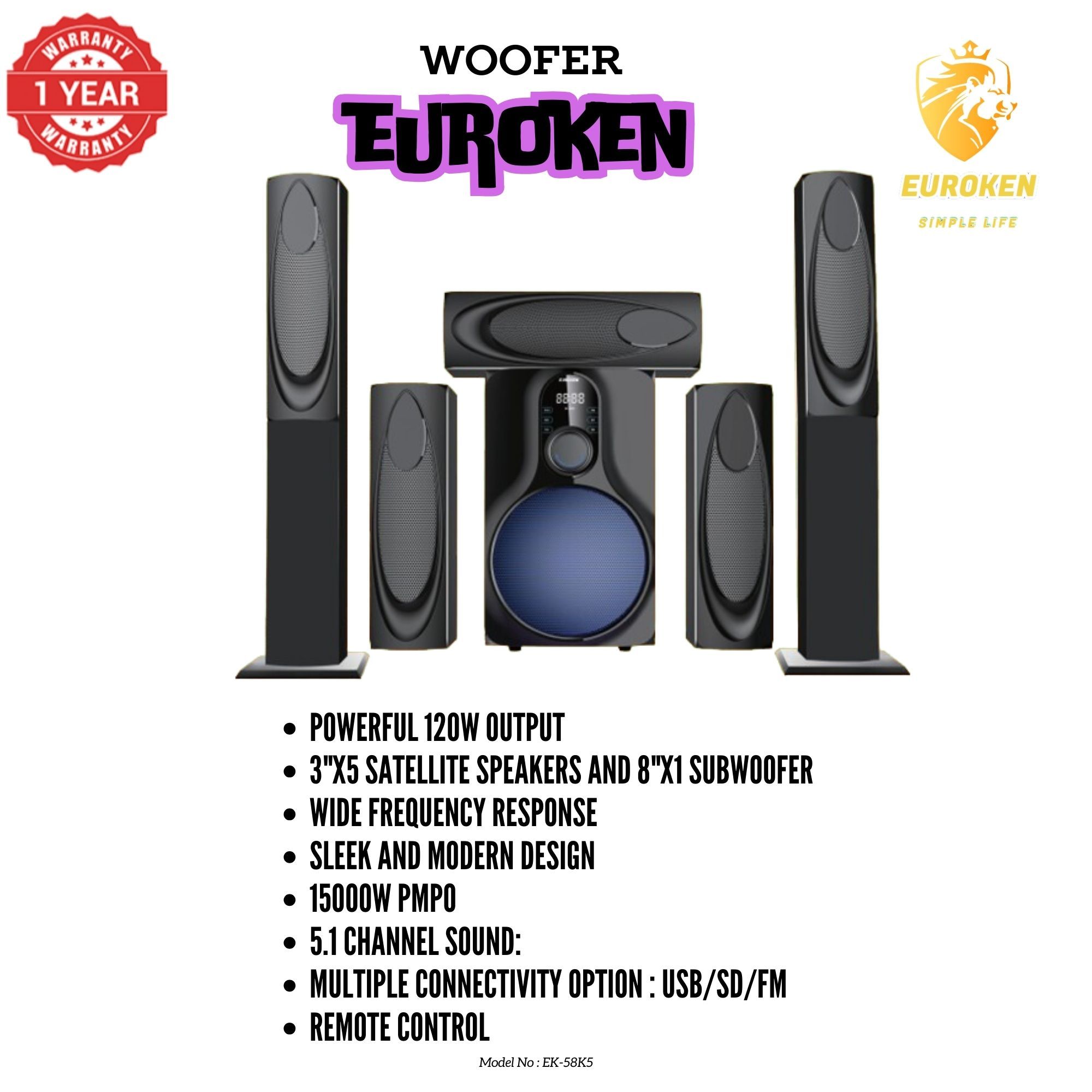 New Euroken EK-58K5 Home Theatre System 5 in 1 Tall Boys 15,000 PMPO with Bluetooth ?FM/SD Mem card Support with Super Bass Boost