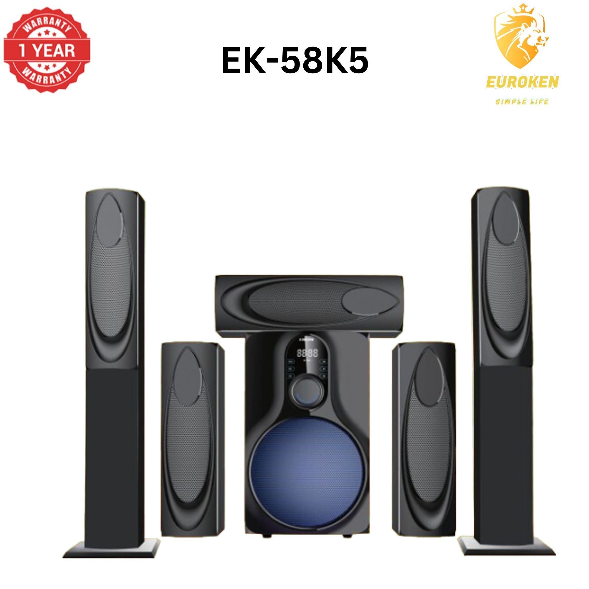 New Euroken EK-58K5 Home Theatre System 5 in 1 Tall Boys 15,000 PMPO with Bluetooth ?FM/SD Mem card Support with Super Bass Boost