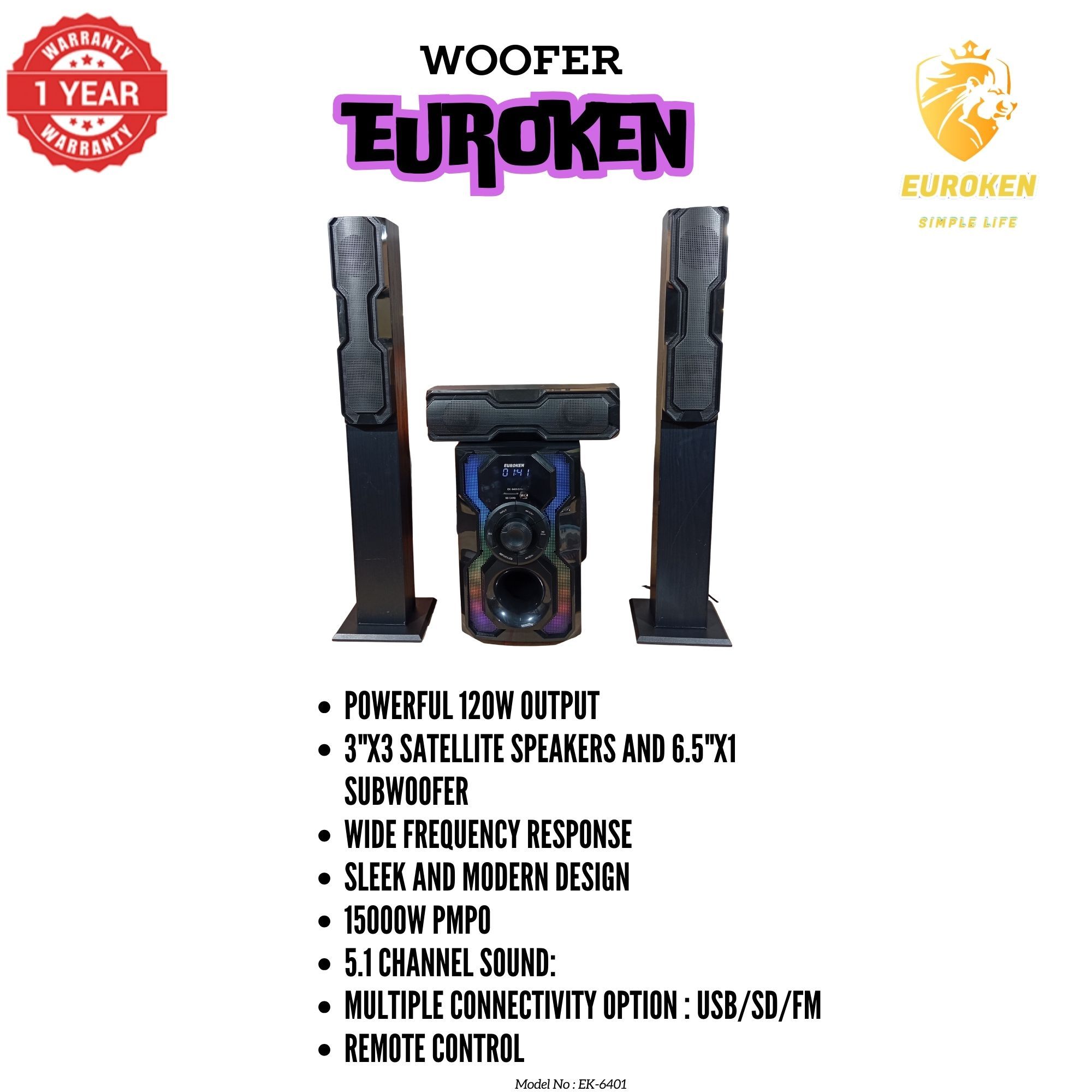 NEW EUROKEN Home Theatre System EK-6401 3 In1 Tall Boy Ac 10,000W PMPO Bluetooth Fm USB SD Mem Card Support