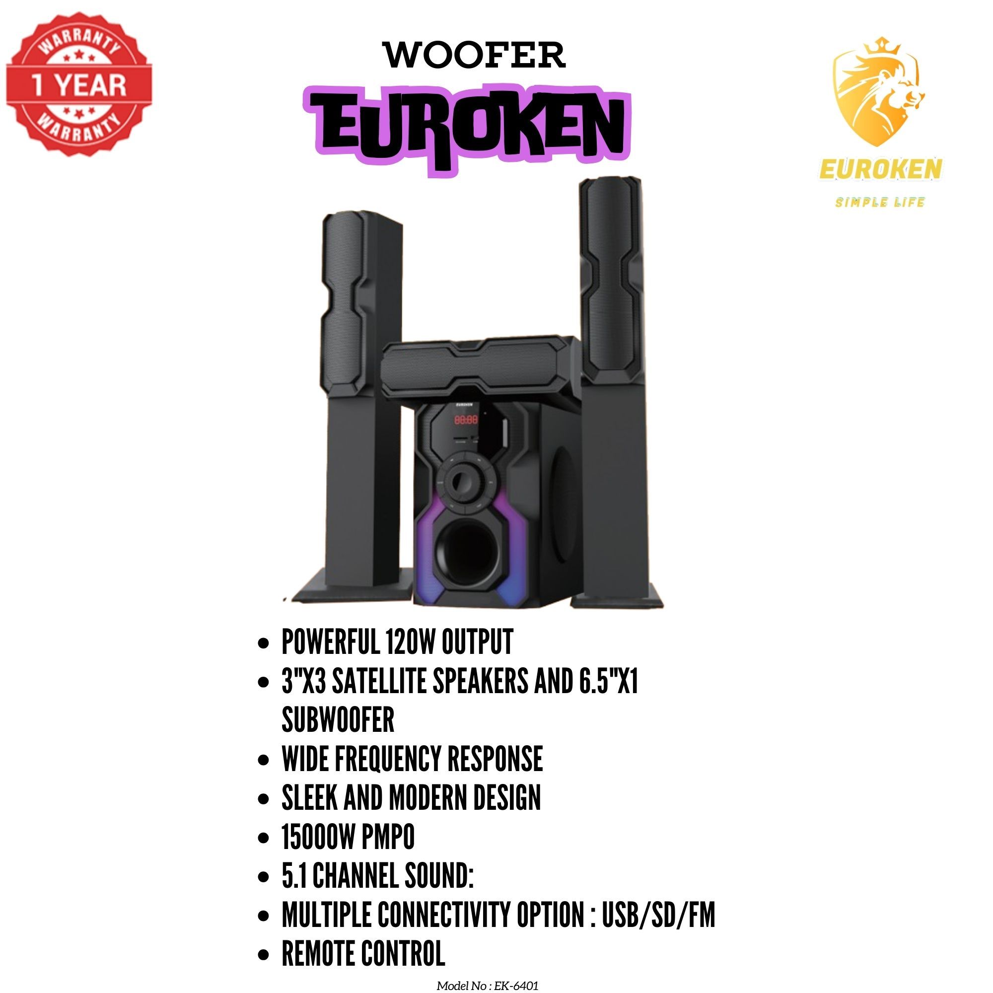 NEW EUROKEN Home Theatre System EK-6401 3 In1 Tall Boy Ac 10,000W PMPO Bluetooth Fm USB SD Mem Card Support