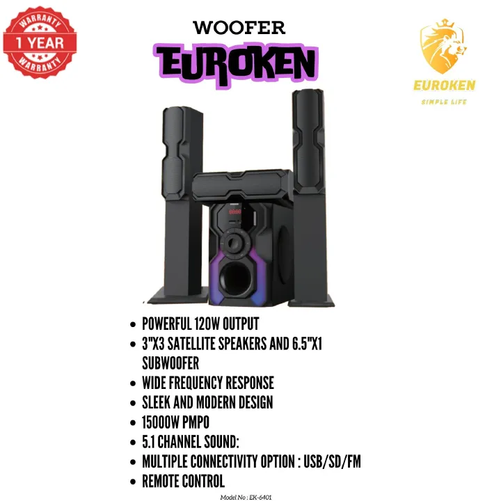 【Limited Offer】 NEW EUROKEN Home Theatre System EK-6401 3 In1 Tall Boy Ac 10,000W PMPO Bluetooth Fm USB SD Mem Card Support