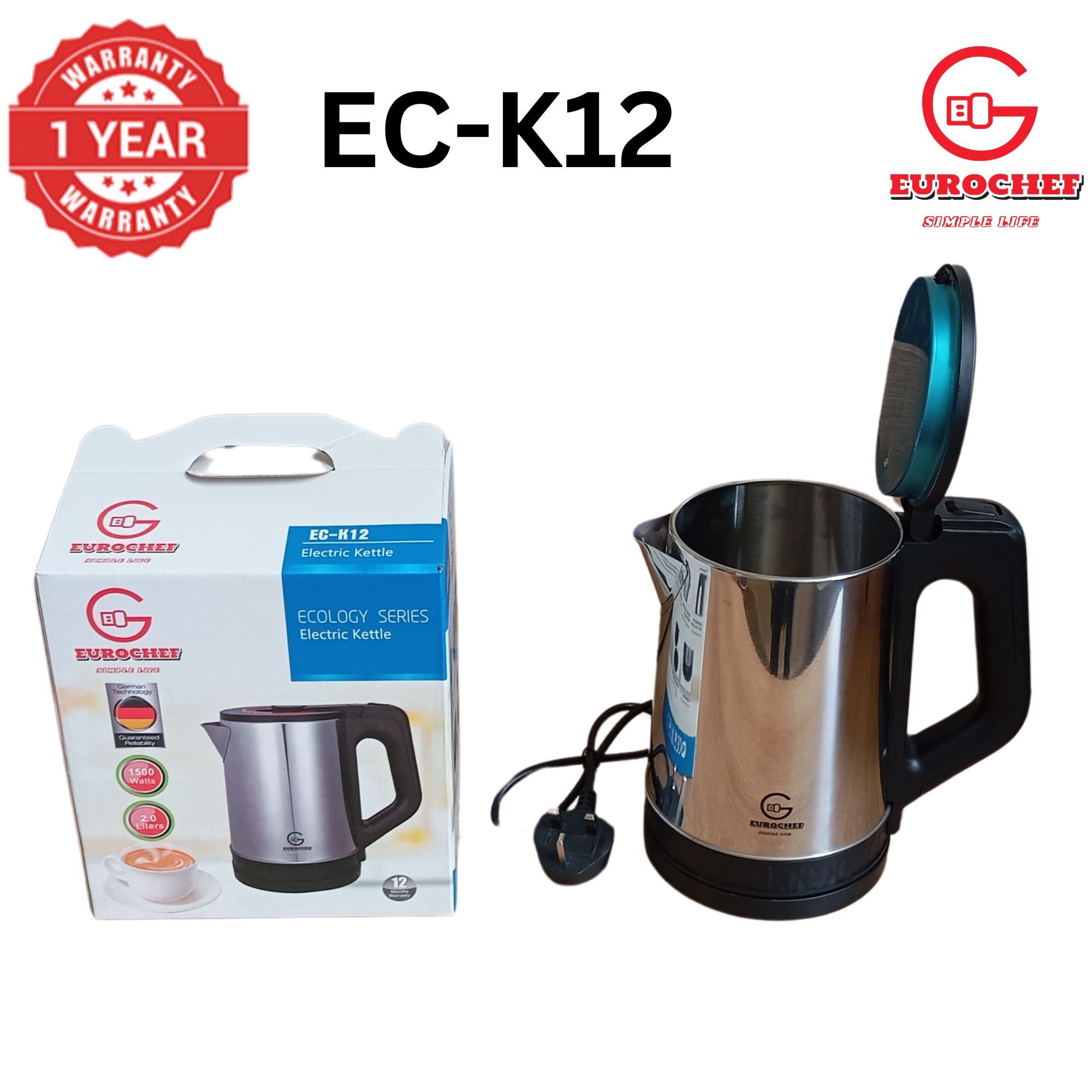 EUROCHEF EC-K12  2 L Stainless steel Electric Cordless Kettle Electric Jug for boiling water Kitchen Appliaance