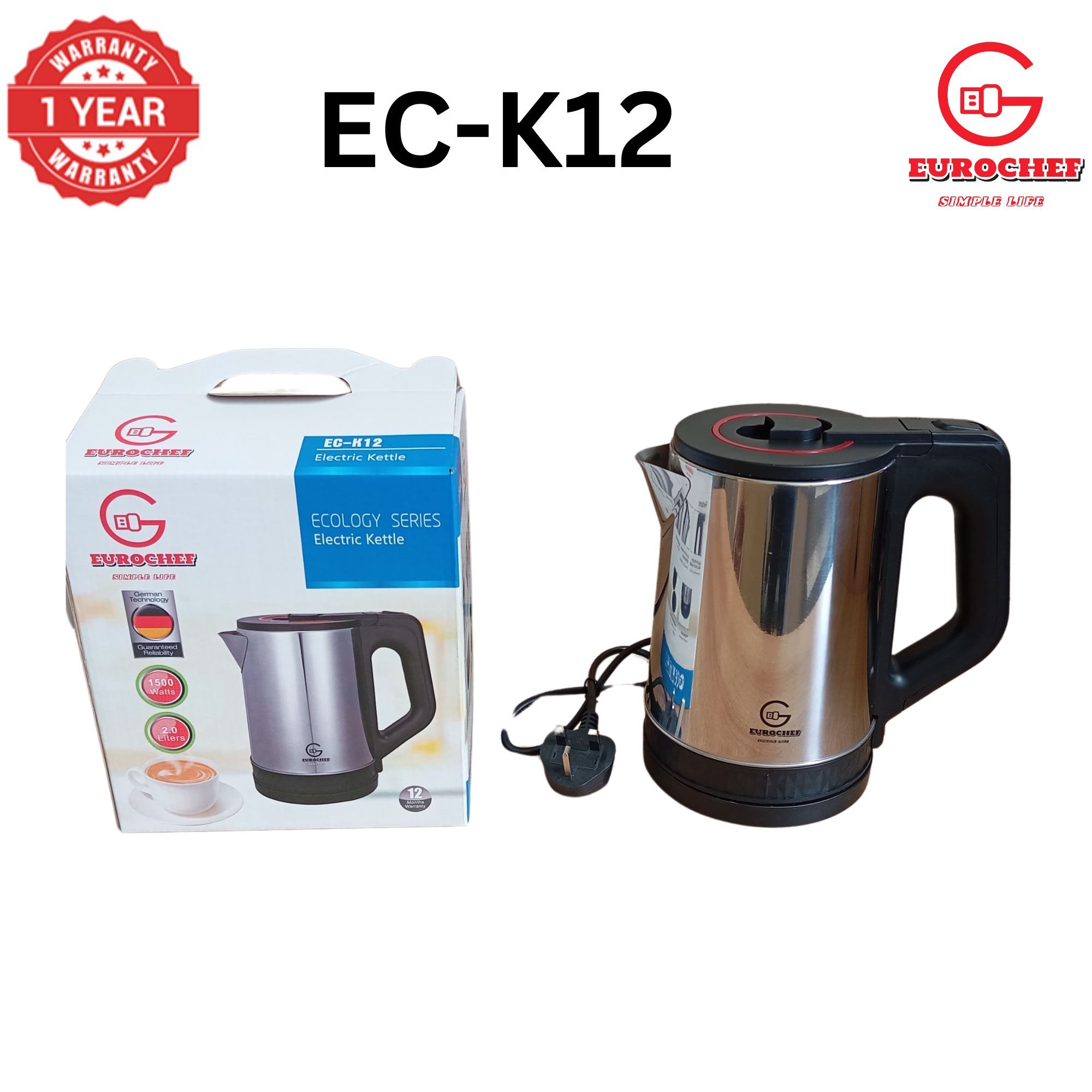 EUROCHEF EC-K12  2 L Stainless steel Electric Cordless Kettle Electric Jug for boiling water Kitchen Appliaance