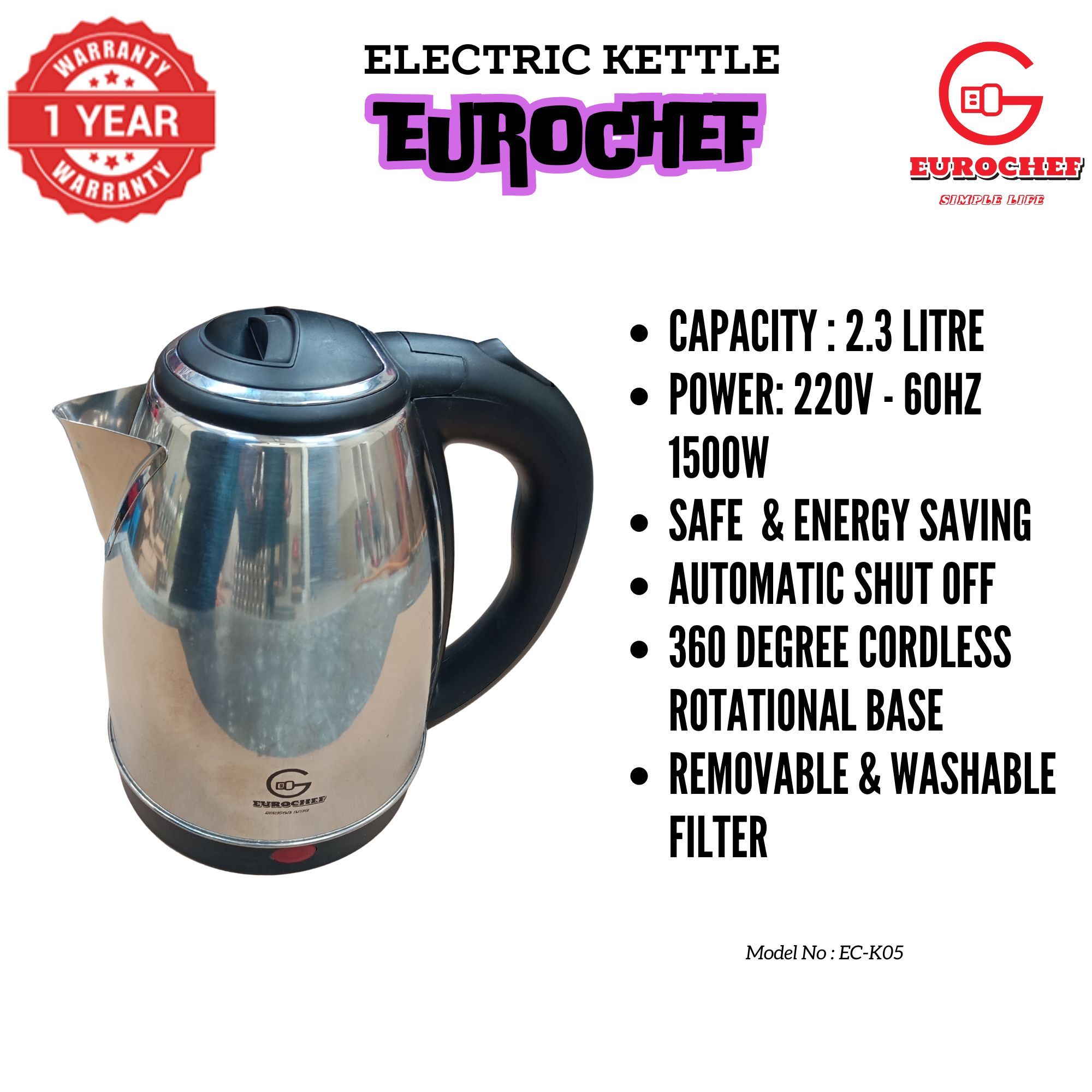 Eurochef  EC-K05 2L stainless steel cordless Electric Kettle  jug for boiling water home appliance
