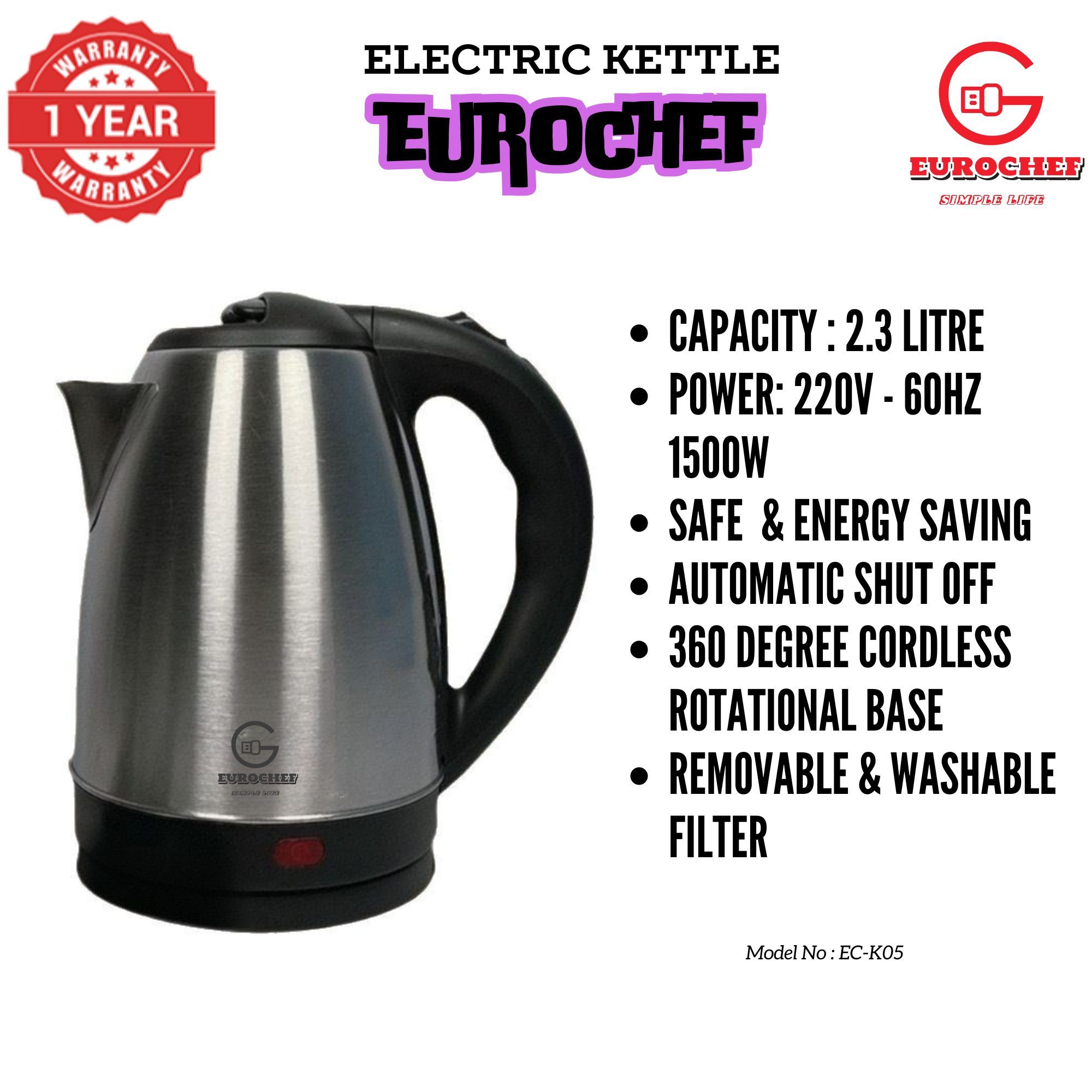 【Limited Offer】 Eurochef  EC-K05 2L stainless steel cordless Electric Kettle  jug for boiling water home appliance