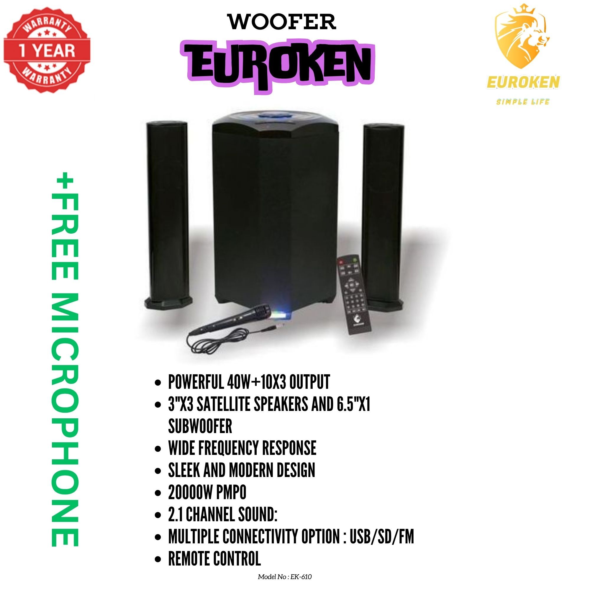 【Exclusive Offer】NEW EUROKEN MTUNGI EK-607 2.1CH With 20,000 PMPO MTUNGI Subwoofer Speaker  Home Theatre Audio System  With Remote Control BLUETOOTH/USB/SD/FM FREE MIC