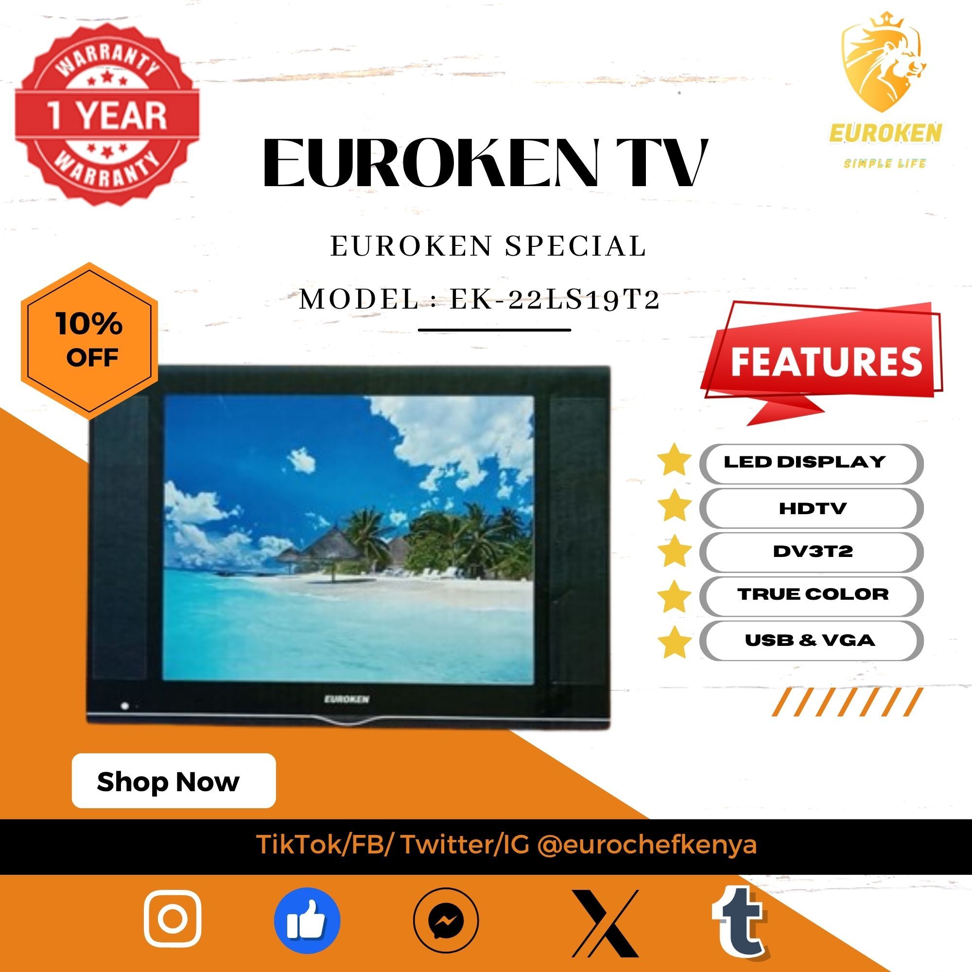 【Limited Offer】 EUROKEN EK-22LS19T2 19" INCH FULL SCREEN DISPLAY TELEVISION AC/DC DIGITAL LED TV WITH INBUILT DECODER FOR LOCAL CHANNELS WIDE COLOR ENHANCER, USB HDMI PORTS