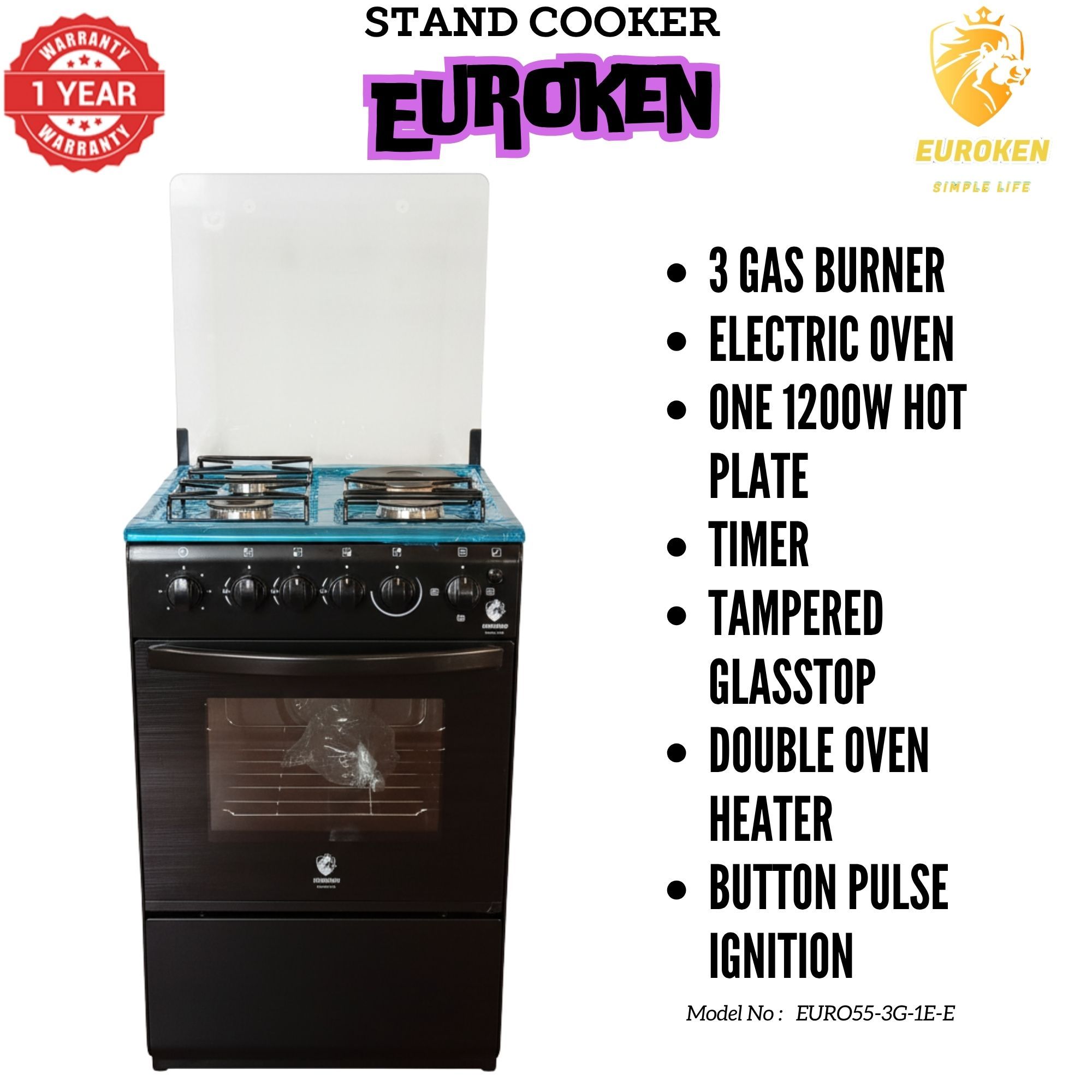 【LIMITED OFFER】 Euroken Euro55-3G1E-E  50L Home Improvement   Free Standing  Cooker 3 GAS +1 Hot plate Kitchen Appliance with electric oven - 50X55CM