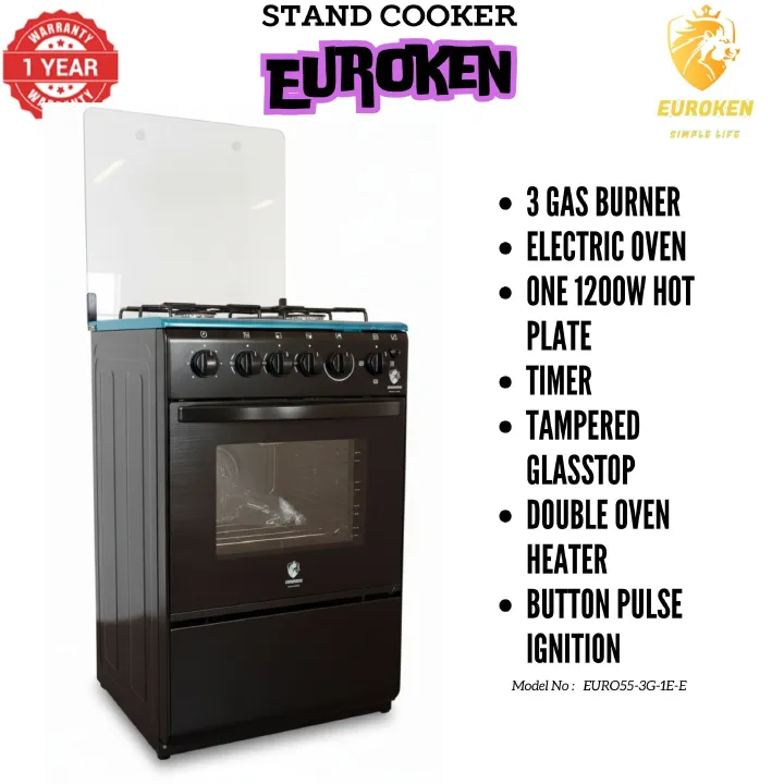 【LIMITED OFFER】 Euroken Euro55-3G1E-E  50L Home Improvement   Free Standing  Cooker 3 GAS +1 Hot plate Kitchen Appliance with electric oven - 50X55CM