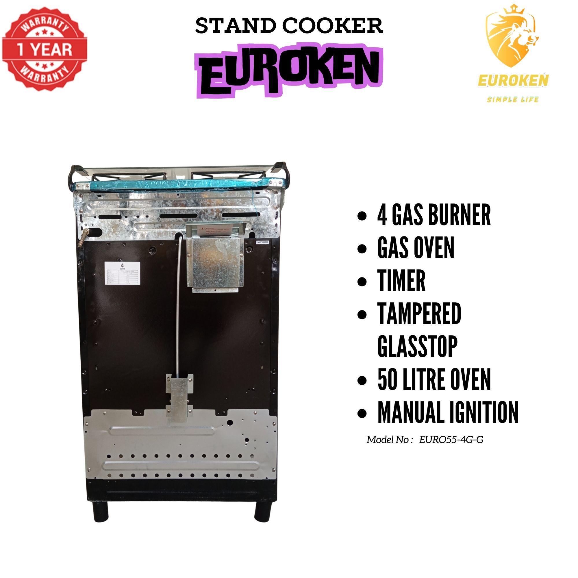 【LIMITED OFFER】Euroken Euro55-4G-G 50L Home Improvement Free Standing Full Gas Cooker Kitchen Appliance With Gas Oven 4 Burners 50X55Cm