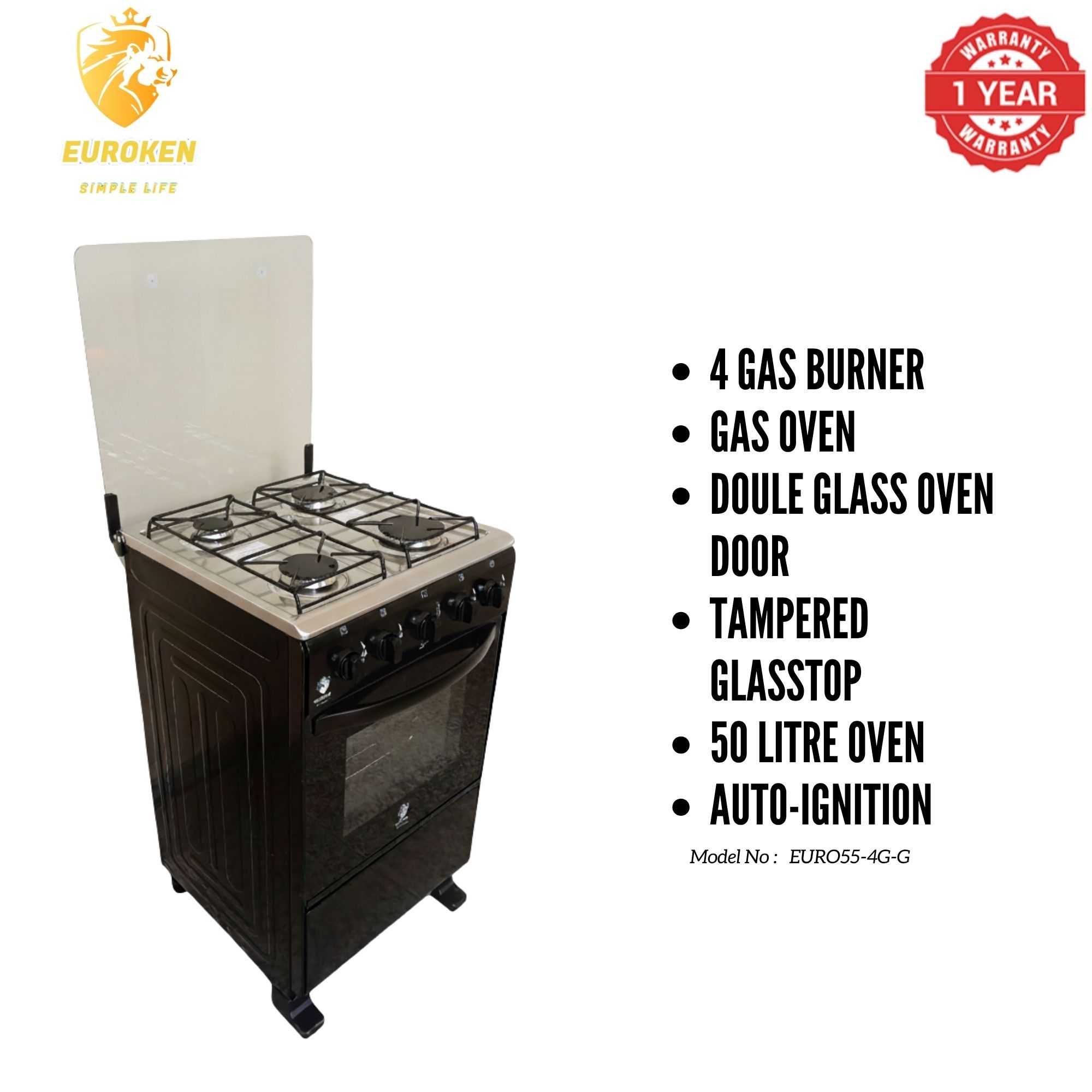 【LIMITED OFFER】Euroken Euro55-4G-G 50L Home Improvement Free Standing Full Gas Cooker Kitchen Appliance With Gas Oven 4 Burners 50X55Cm