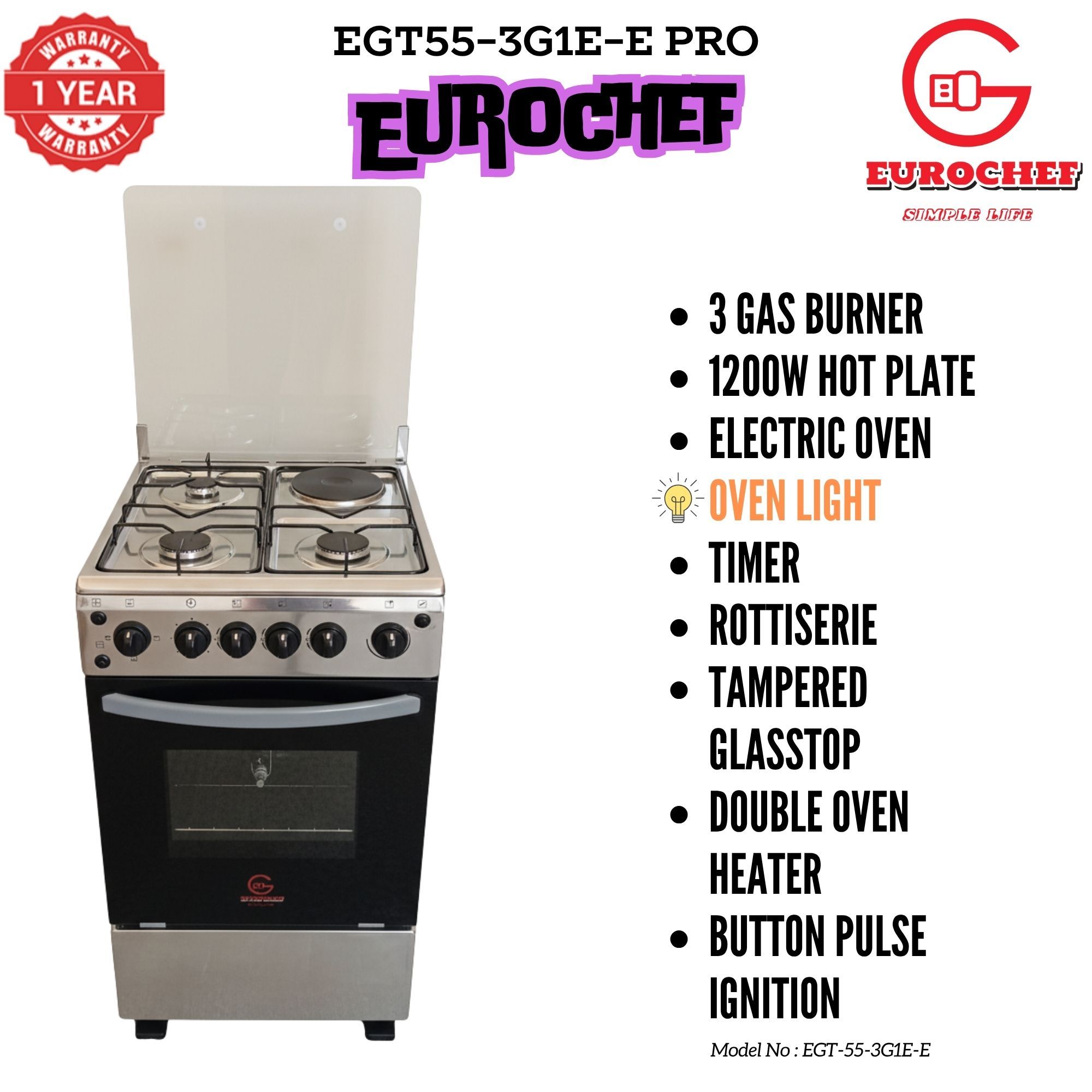 【LIMITED OFFER】 Eurochef EGT55-3G1E-E  55L Home Improvement  Free standing Cooker  3 GAS + 1 Hot Plate  Kitchen appliance with electric oven
