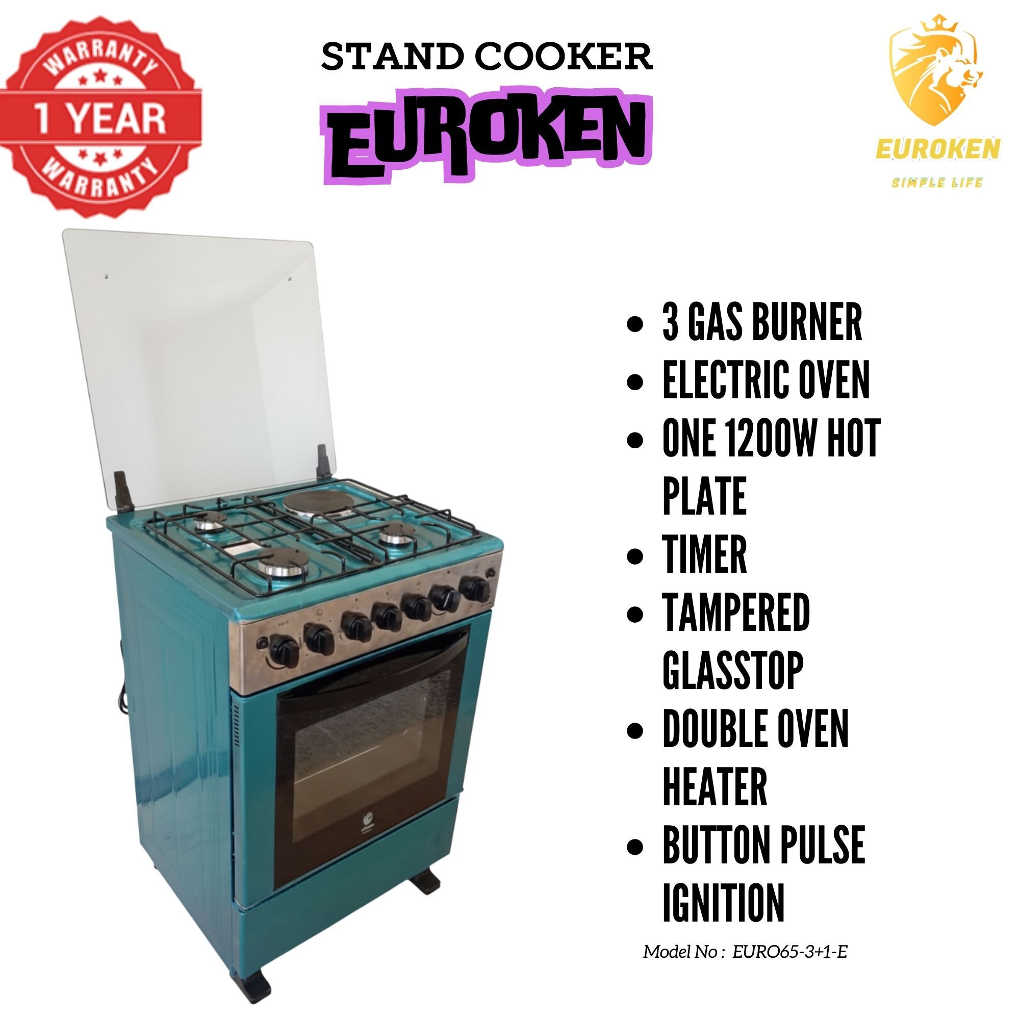 【LIMITED OFFER】 Euroken Euro65-3+1E-E  60l Home Improvement  Free Standing Cooker  3 Gas +1 Hotplate Kitchen Appliance With Electric Oven - 60x65cm