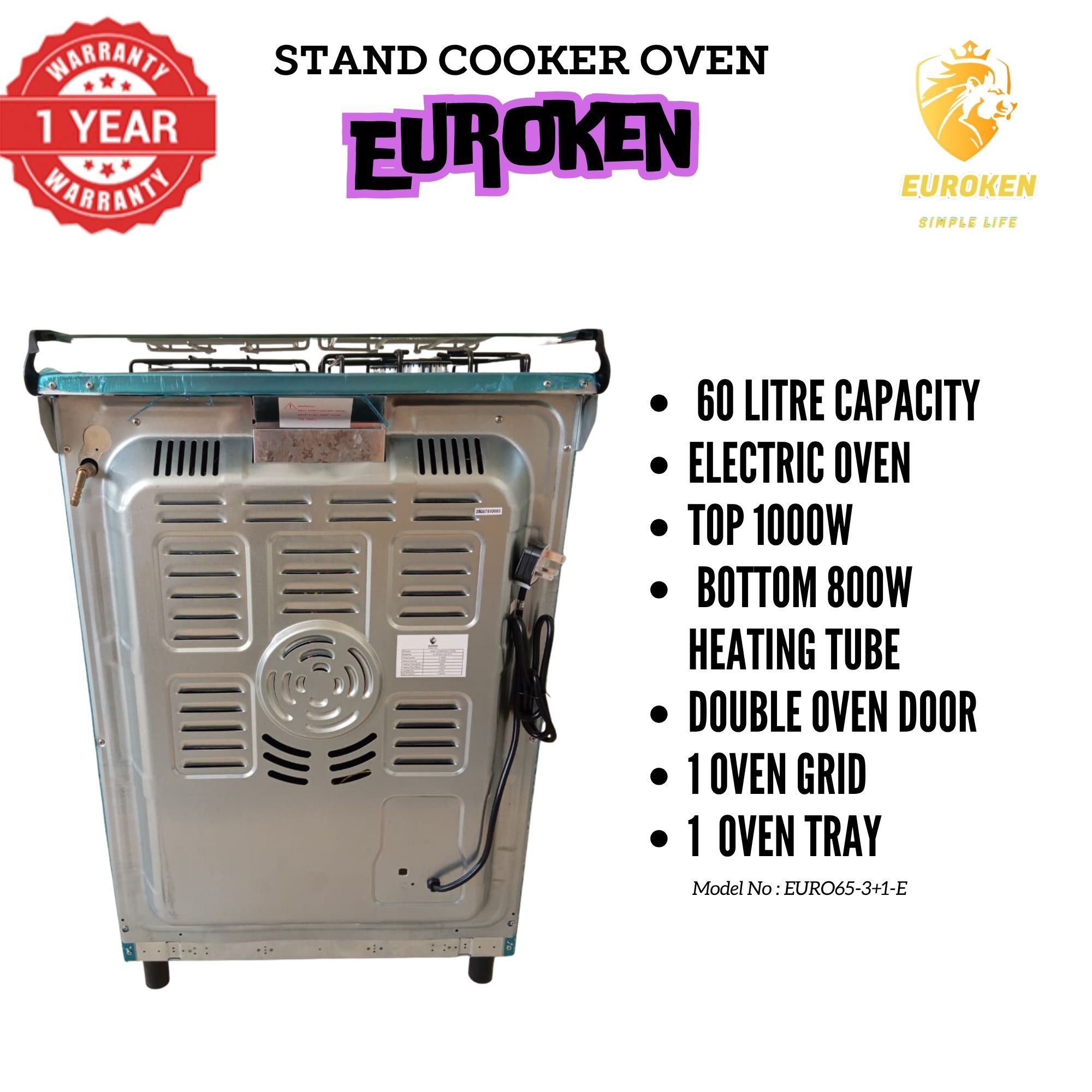 【LIMITED OFFER】 Euroken Euro65-3+1E-E  60l Home Improvement  Free Standing Cooker  3 Gas +1 Hotplate Kitchen Appliance With Electric Oven - 60x65cm