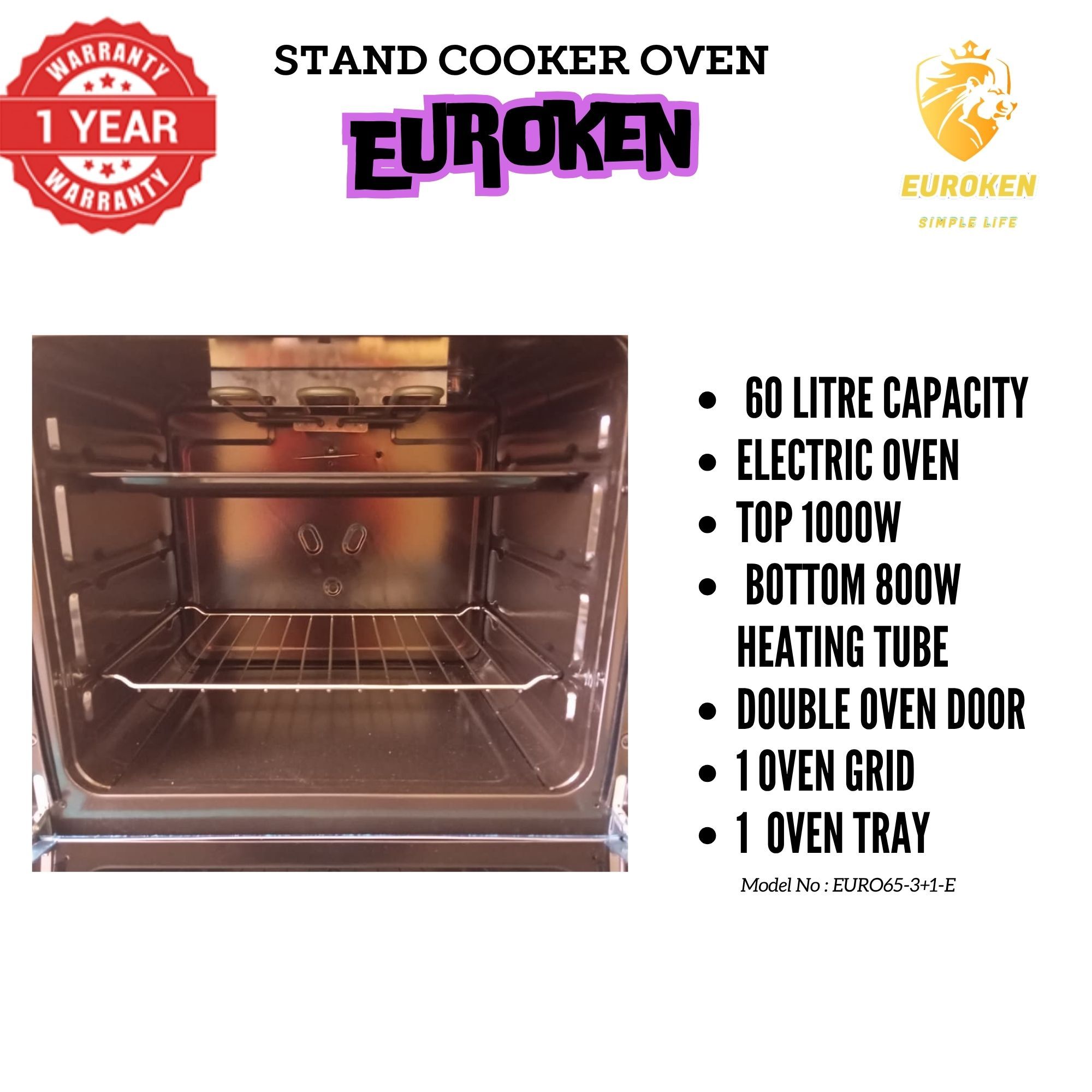【LIMITED OFFER】 Euroken Euro65-3+1E-E  60l Home Improvement  Free Standing Cooker  3 Gas +1 Hotplate Kitchen Appliance With Electric Oven - 60x65cm
