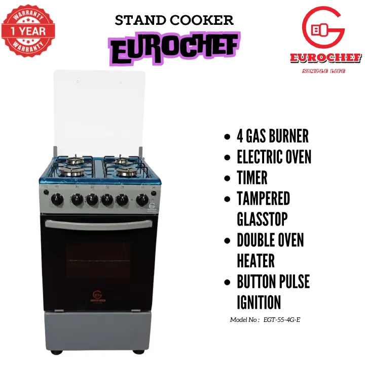 【LIMITED OFFER】 EUROCHEF EGT55-4G-E  55L HOME IMPROVEMENT FREE STANDING GAS  COOKER  4 GAS BURNER KITCHEN APPLIANCE WITH ELECTRIC OVEN 50X55CM