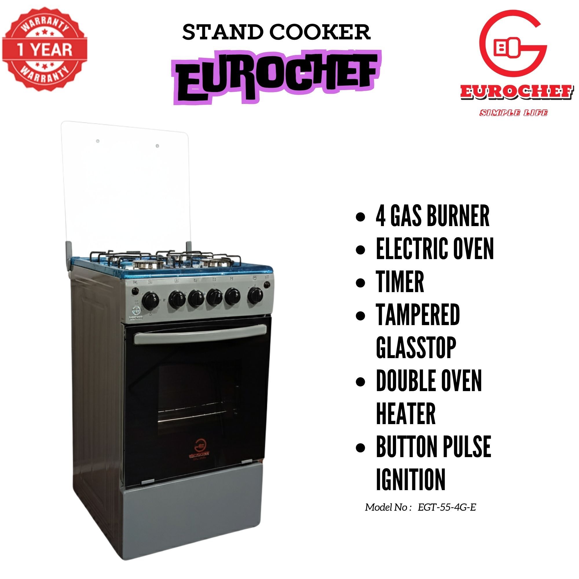【LIMITED OFFER】 EUROCHEF EGT55-4G-E  55L HOME IMPROVEMENT FREE STANDING COOKER  4 GAS BURNER KITCHEN APPLIANCE WITH ELECTRIC OVEN 50X55CM