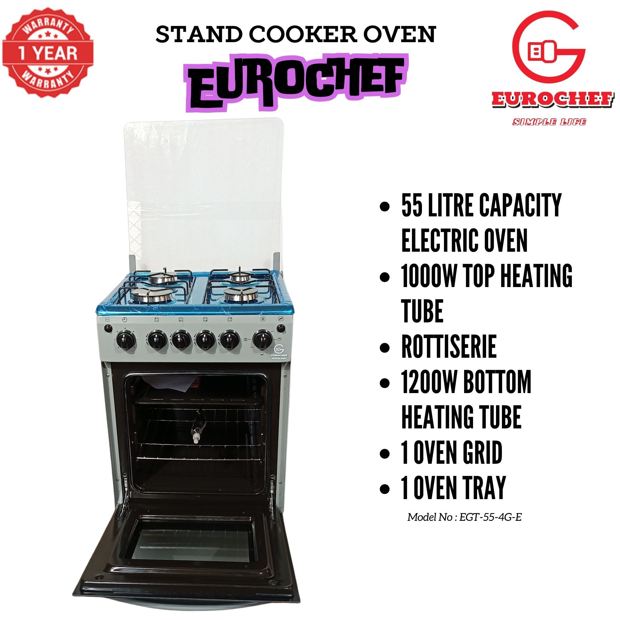 【LIMITED OFFER】 EUROCHEF EGT55-4G-E  55L HOME IMPROVEMENT FREE STANDING COOKER  4 GAS BURNER KITCHEN APPLIANCE WITH ELECTRIC OVEN 50X55CM