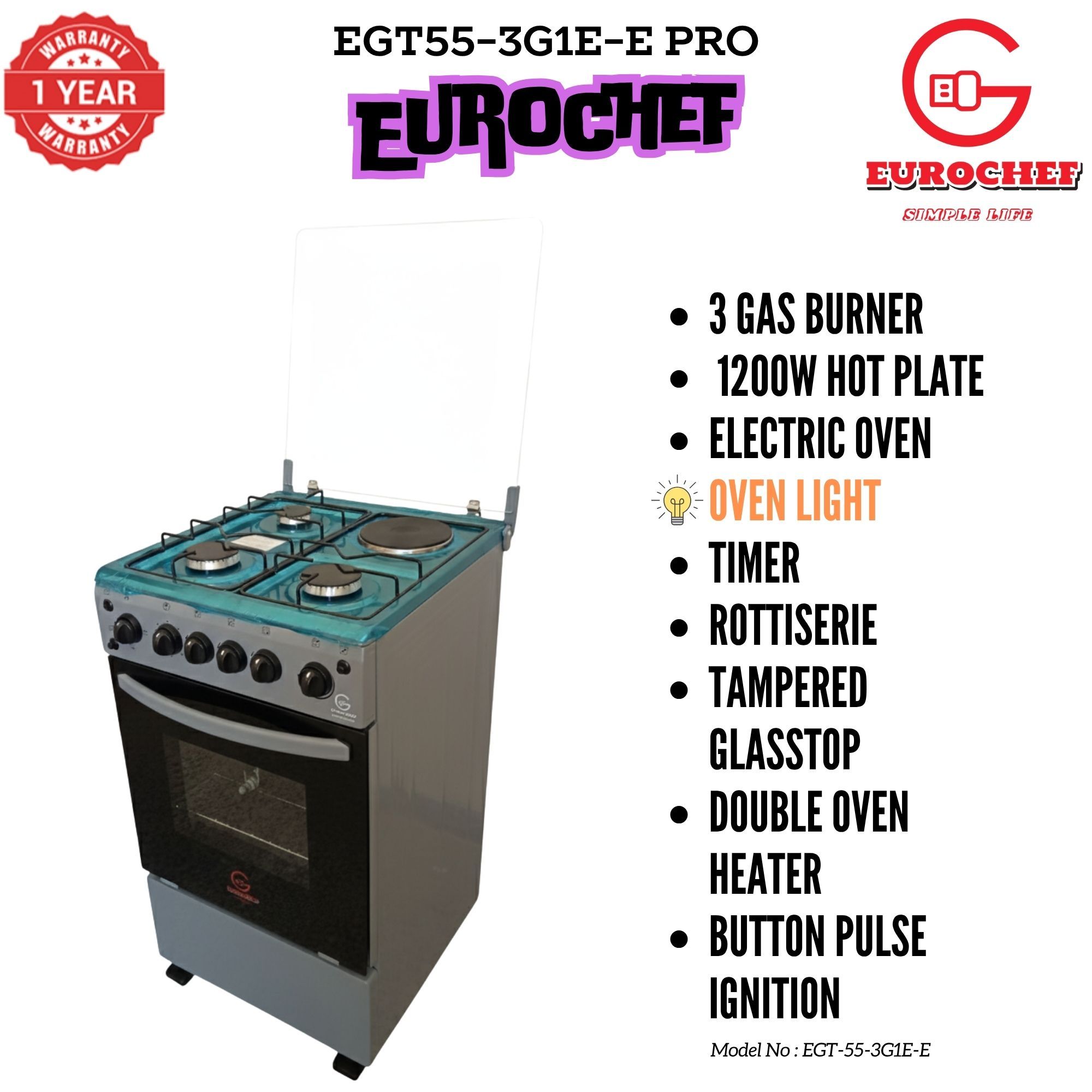 【LIMITED OFFER】 Eurochef EGT55-3G1E-E  55L Home Improvement  Free standing Cooker  3 GAS + 1 Hot Plate  Kitchen appliance with electric oven