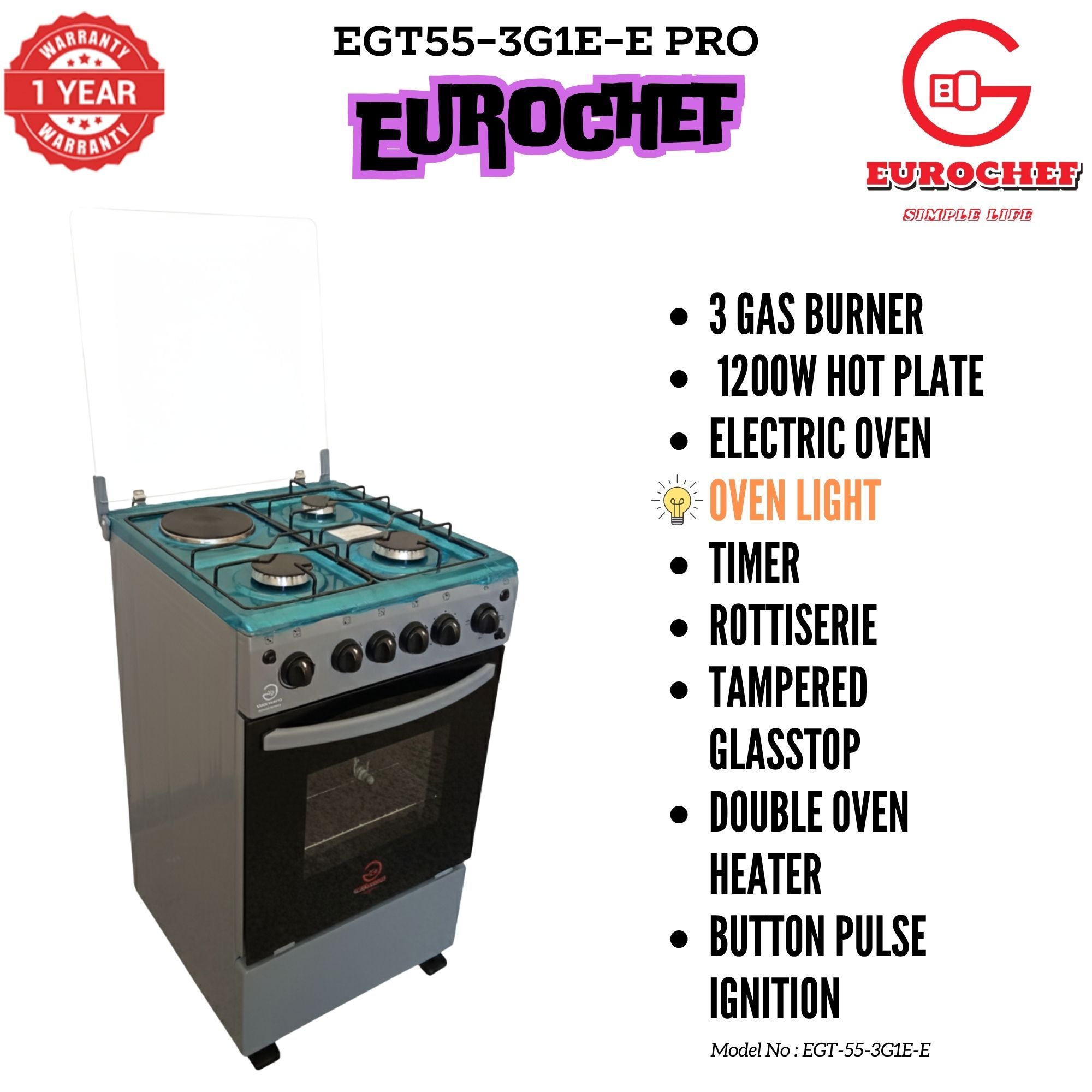【LIMITED OFFER】 Eurochef EGT55-3G1E-E  55L Home Improvement  Free standing Cooker  3 GAS + 1 Hot Plate  Kitchen appliance with electric oven