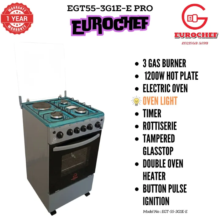 【LIMITED OFFER】 Eurochef EGT55-3G1E-E  55L Home Improvement  Free standing Cooker  3 GAS + 1 Hot Plate  Kitchen appliance with electric oven