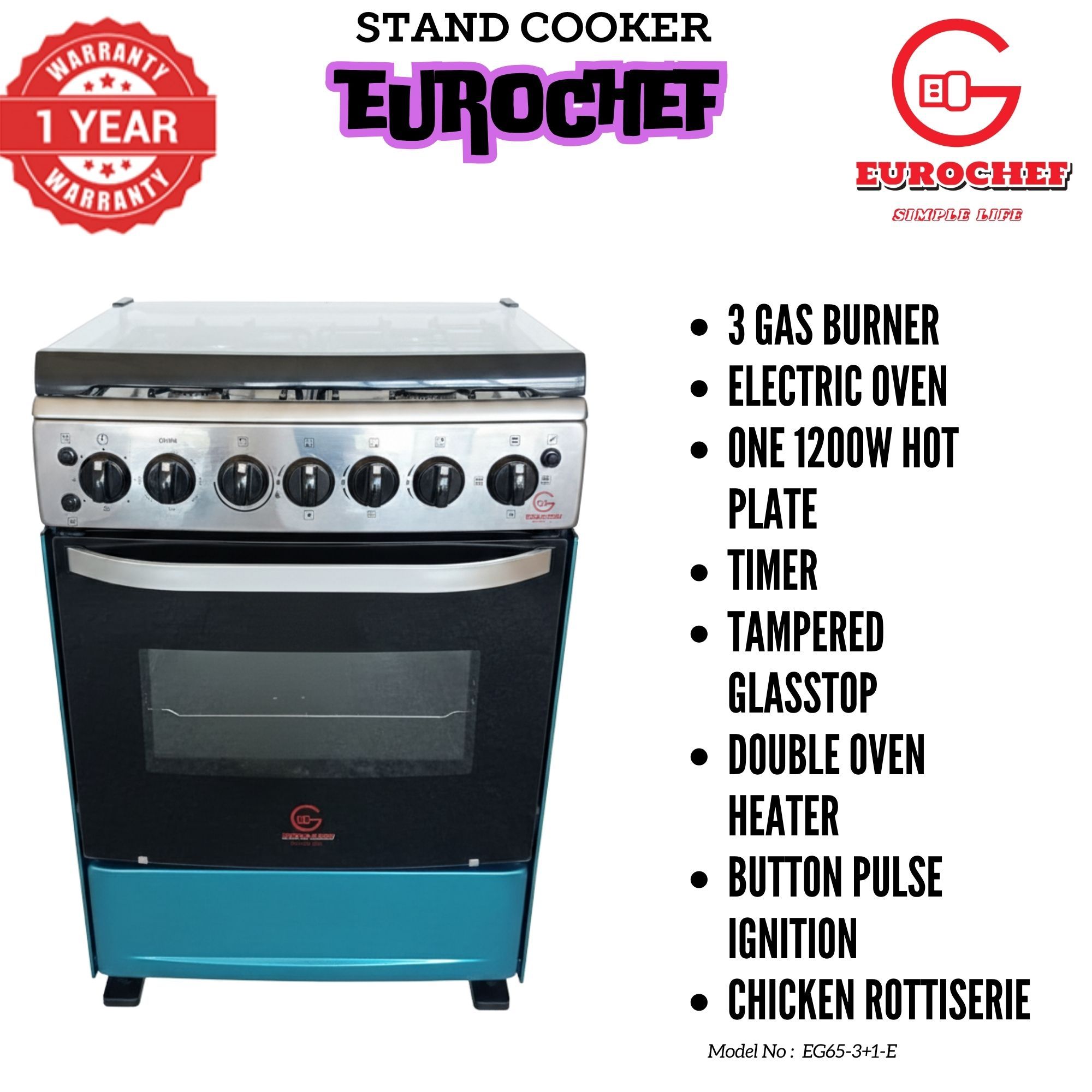 【LIMITED OFFER】 EUROCHEF 60X65 EGT65-3G1E-E Home Improvement 67l  Free Standing Cooker  3 Gas +1 Hotplate Kitchen Appliance With Electric Oven