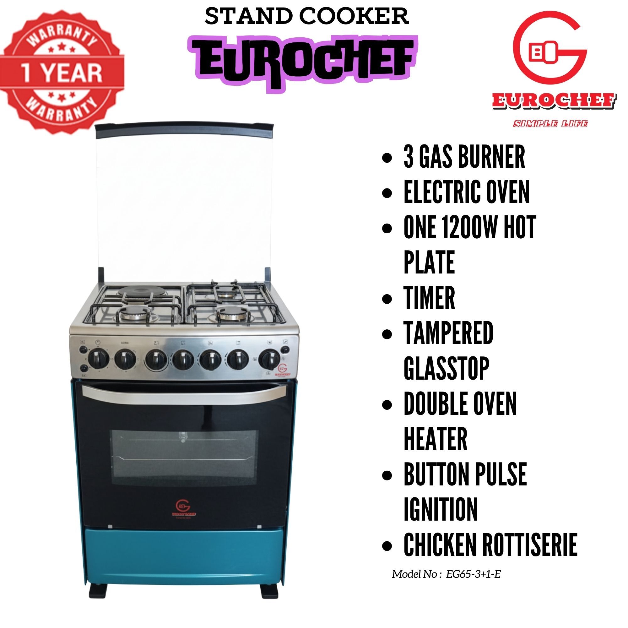 【LIMITED OFFER】 EUROCHEF 60X65 EGT65-3G1E-E Home Improvement 67l  Free Standing Cooker  3 Gas +1 Hotplate Kitchen Appliance With Electric Oven