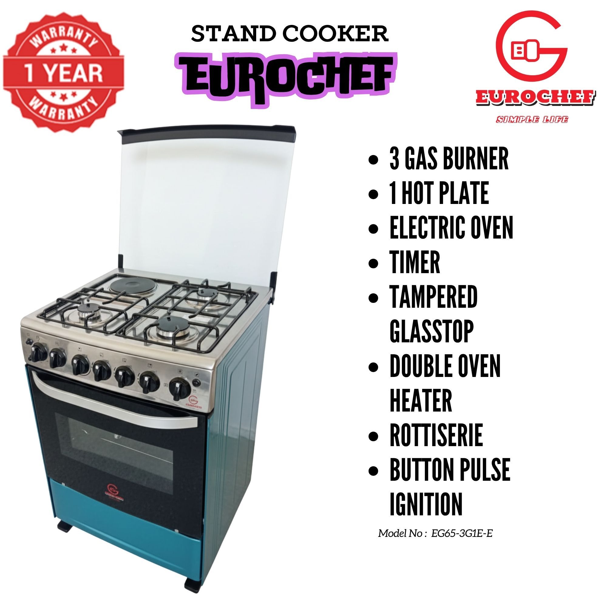 【LIMITED OFFER】 Eurochef EGT65-3G1E-E Home Improvement 67L  Free Standing Cooker  3 Gas +1 Hotplate Kitchen Appliance With Electric Oven