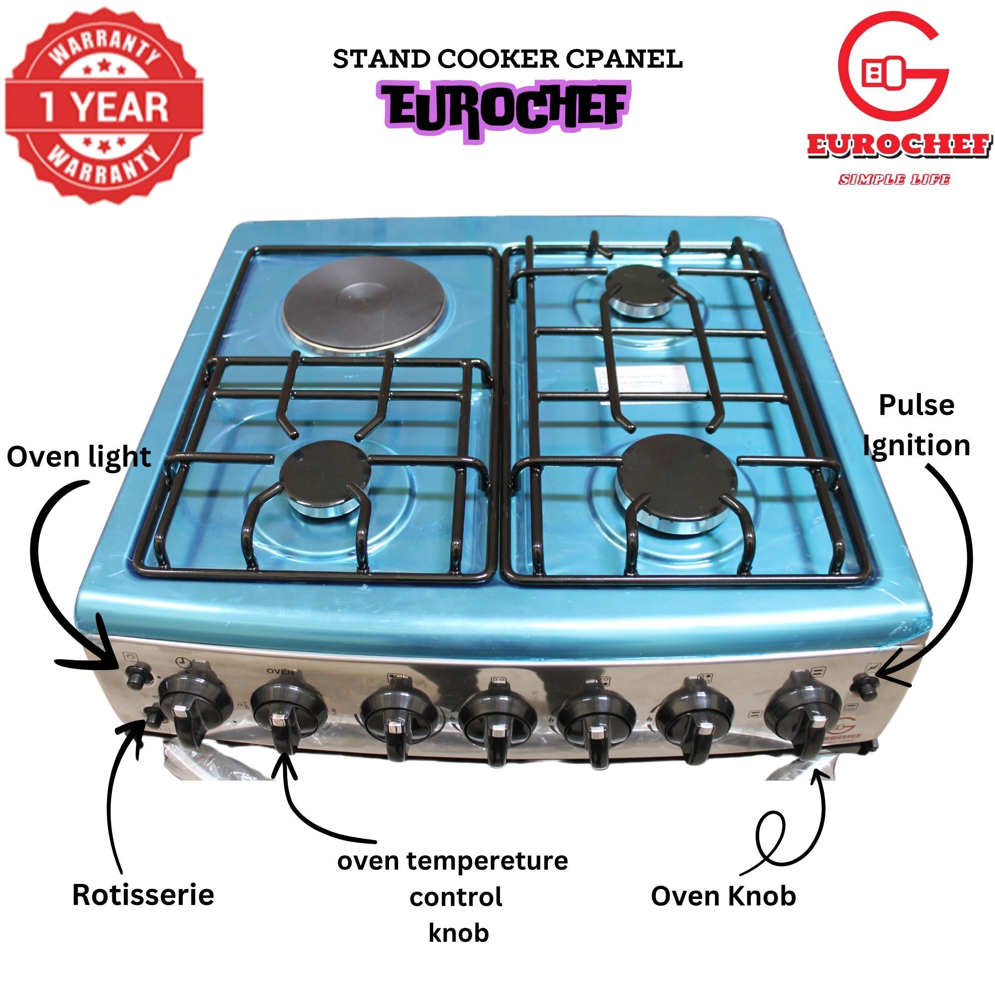 【LIMITED OFFER】 Eurochef EGT65-3G1E-E Home Improvement 67L  Free Standing Cooker  3 Gas +1 Hotplate Kitchen Appliance With Electric Oven