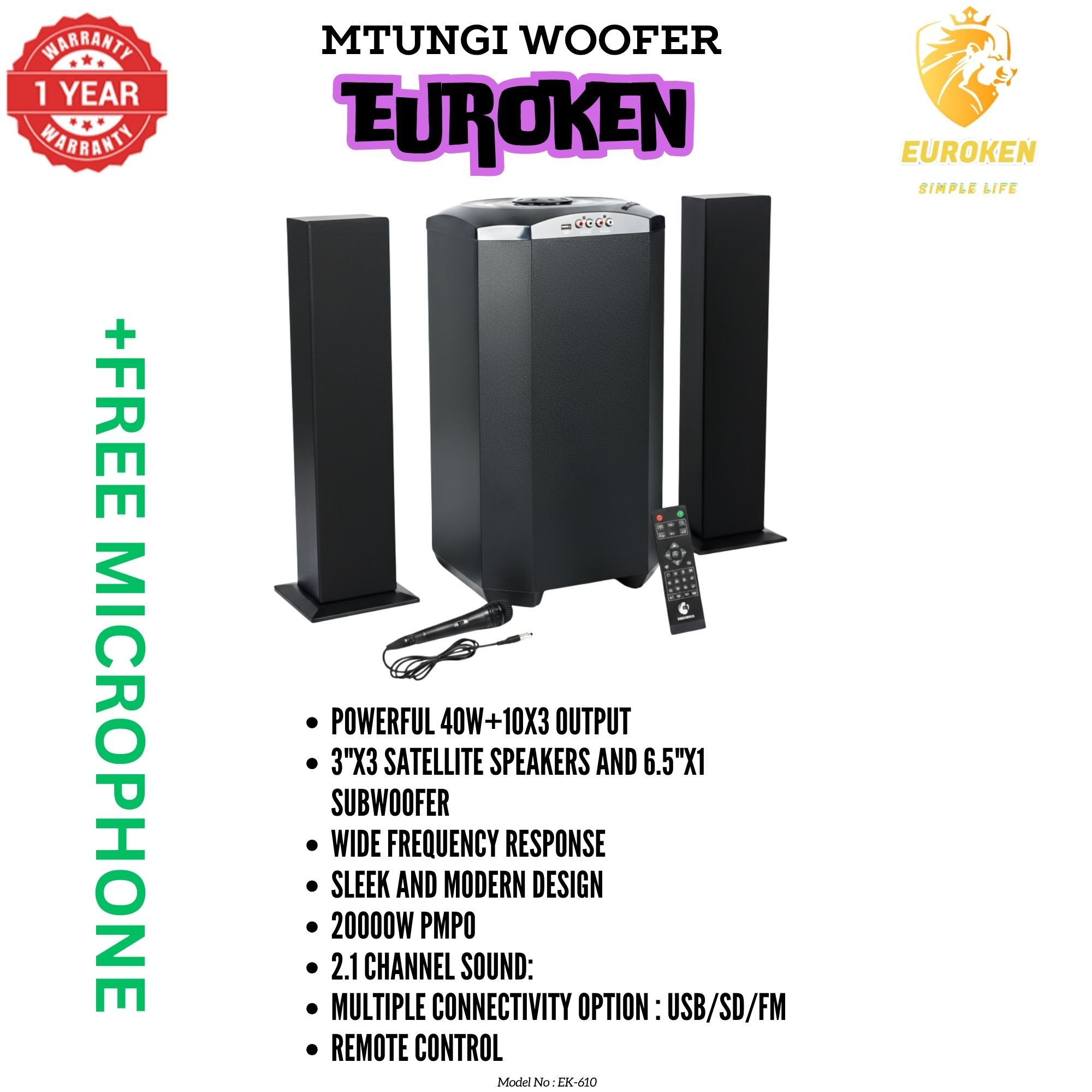 【Exclusive Offer】NEW EUROKEN MTUNGI EK-607 2.1CH With 20,000 PMPO MTUNGI Subwoofer Speaker  Home Theatre Audio System  With Remote Control BLUETOOTH/USB/SD/FM FREE MIC