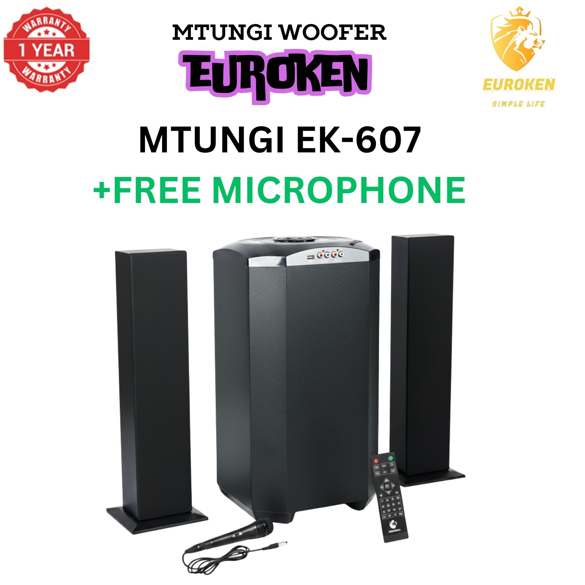 【Exclusive Offer】NEW EUROKEN MTUNGI EK-607 2.1CH With 20,000 PMPO MTUNGI Subwoofer Speaker  Home Theatre Audio System  With Remote Control BLUETOOTH/USB/SD/FM FREE MIC
