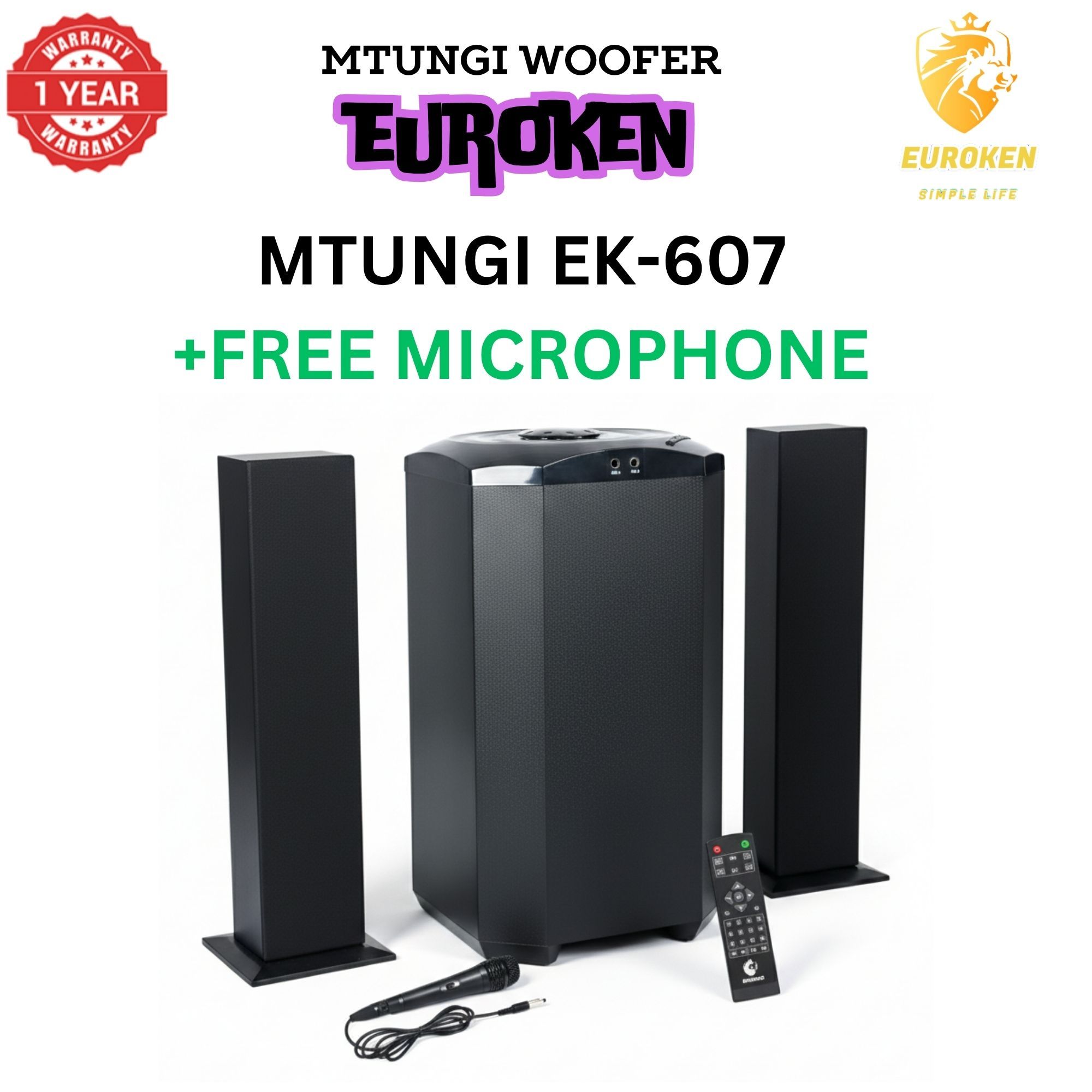 【Exclusive Offer】NEW EUROKEN MTUNGI EK-607 2.1CH With 20,000 PMPO MTUNGI Subwoofer Speaker  Home Theatre Audio System  With Remote Control BLUETOOTH/USB/SD/FM FREE MIC