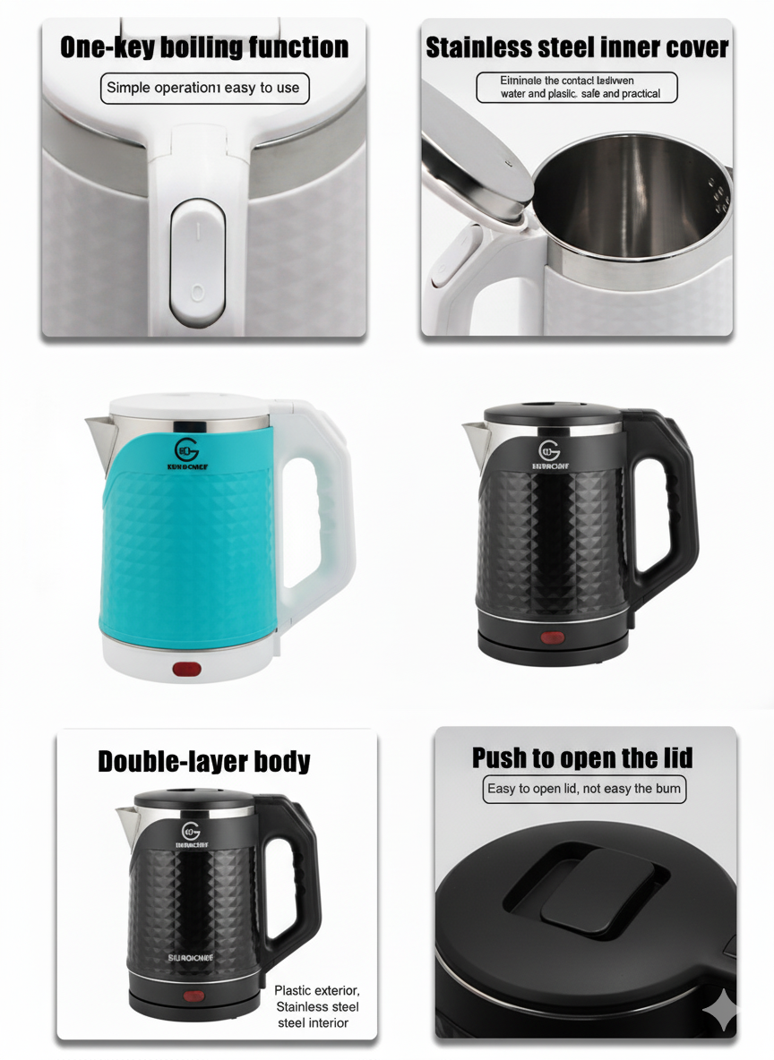 【Limited Offer】 EUROCHEF EC-K16  2 L Stainless steel Electric Cordless Kettle Electric Jug for boiling water Kitchen Appliaance