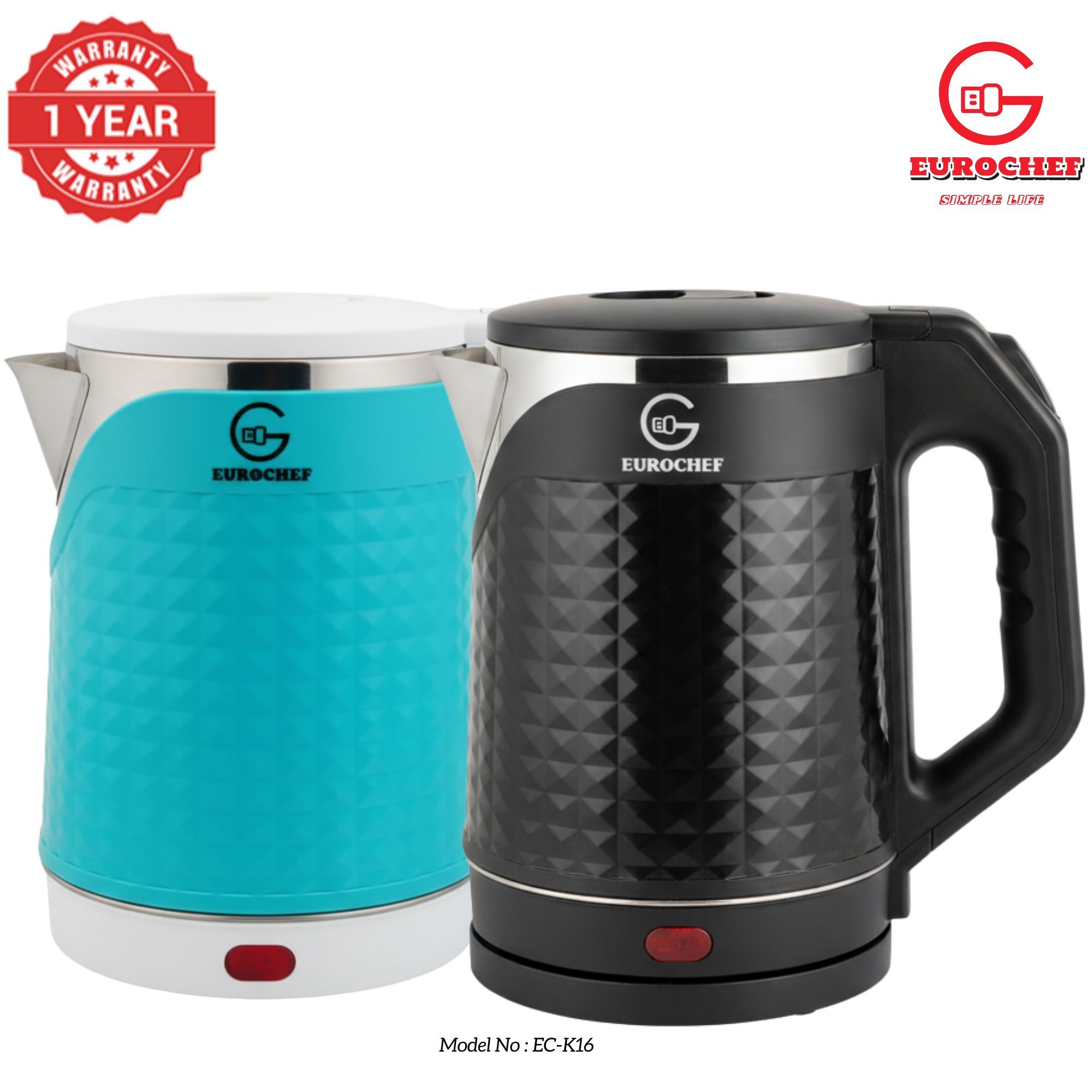 【Limited Offer】 EUROCHEF EC-K16  2 L Stainless steel Electric Cordless Kettle Electric Jug for boiling water Kitchen Appliaance