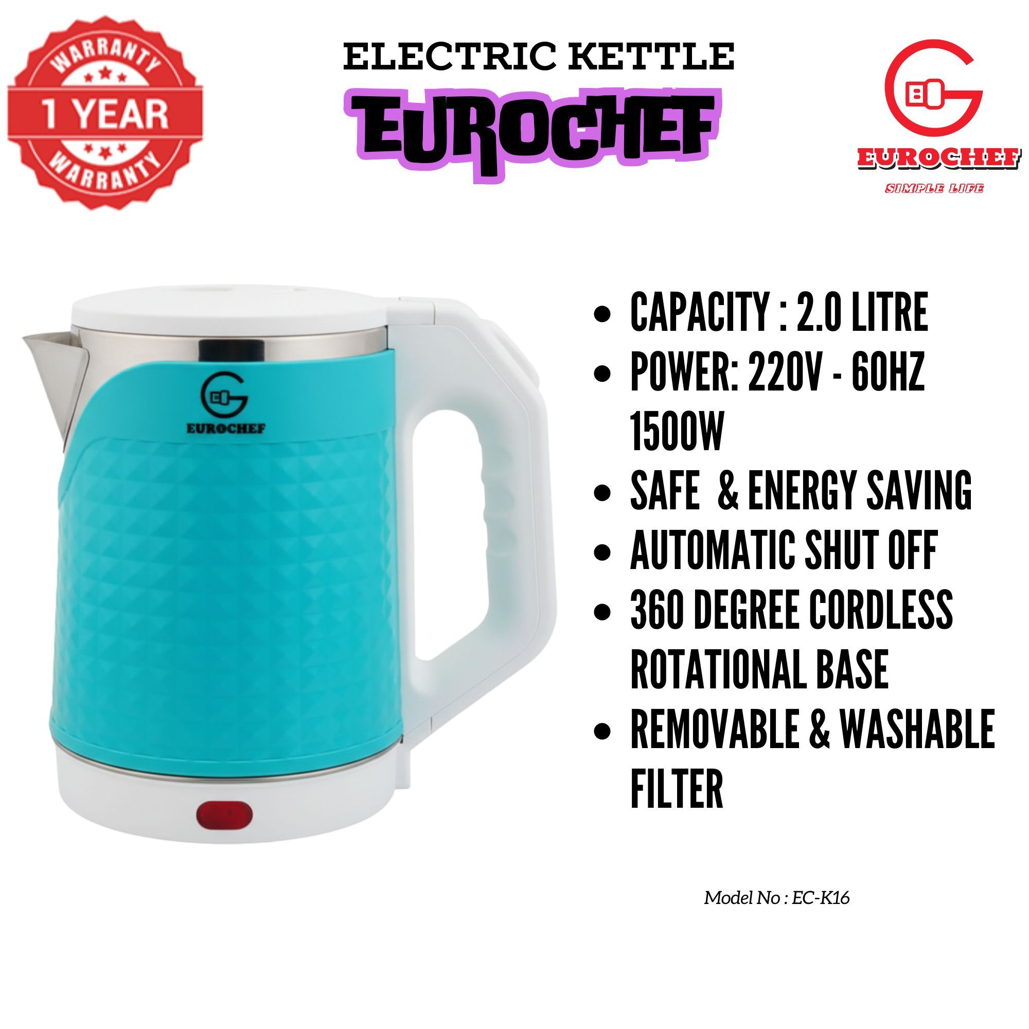 【Limited Offer】 EUROCHEF EC-K16  2 L Stainless steel Electric Cordless Kettle Electric Jug for boiling water Kitchen Appliaance