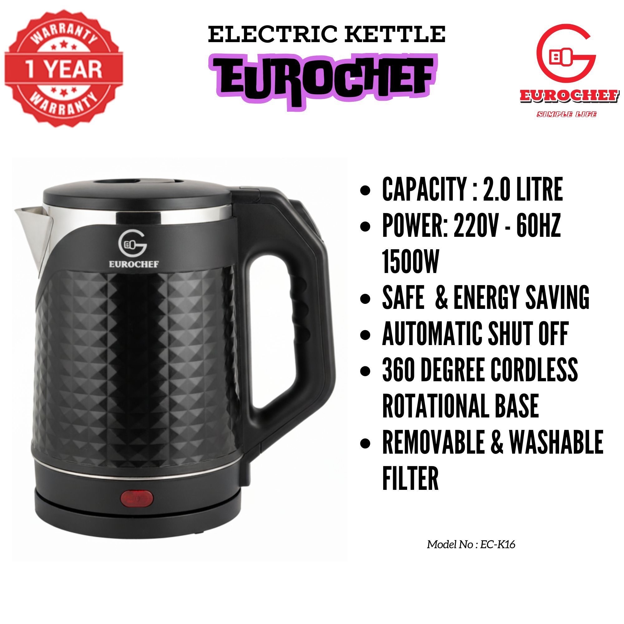 【Limited Offer】 EUROCHEF EC-K16  2 L Stainless steel Electric Cordless Kettle Electric Jug for boiling water Kitchen Appliaance
